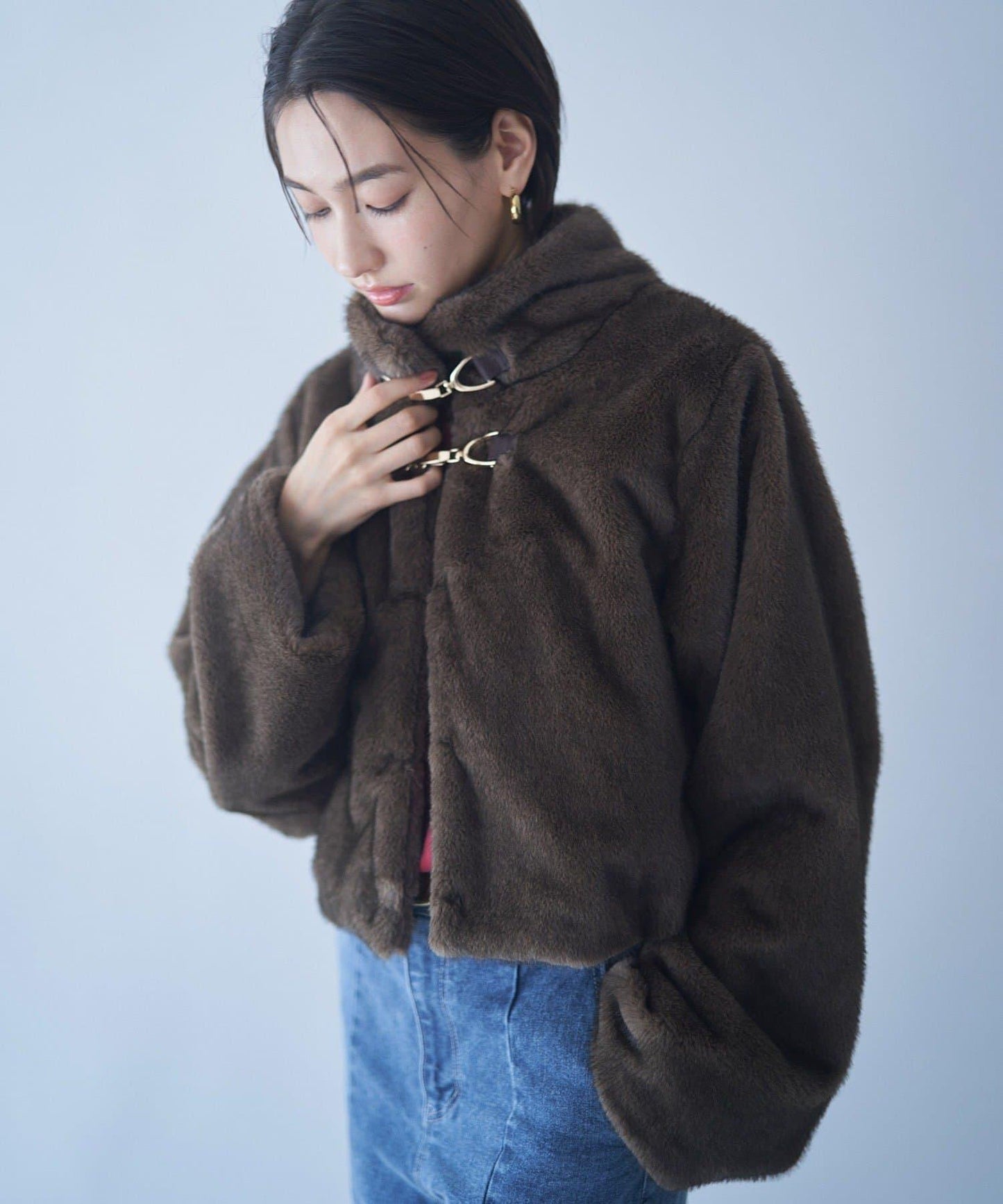 帶金屬扣混合毛短款夾克