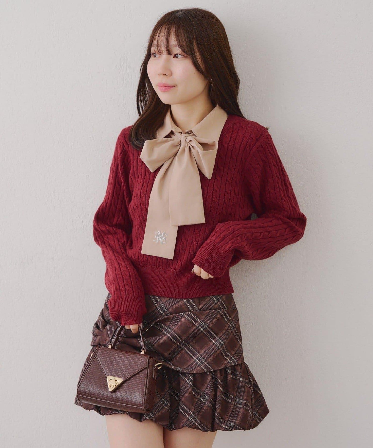 蝴蝶結領繫帶麻花針織套頭衫