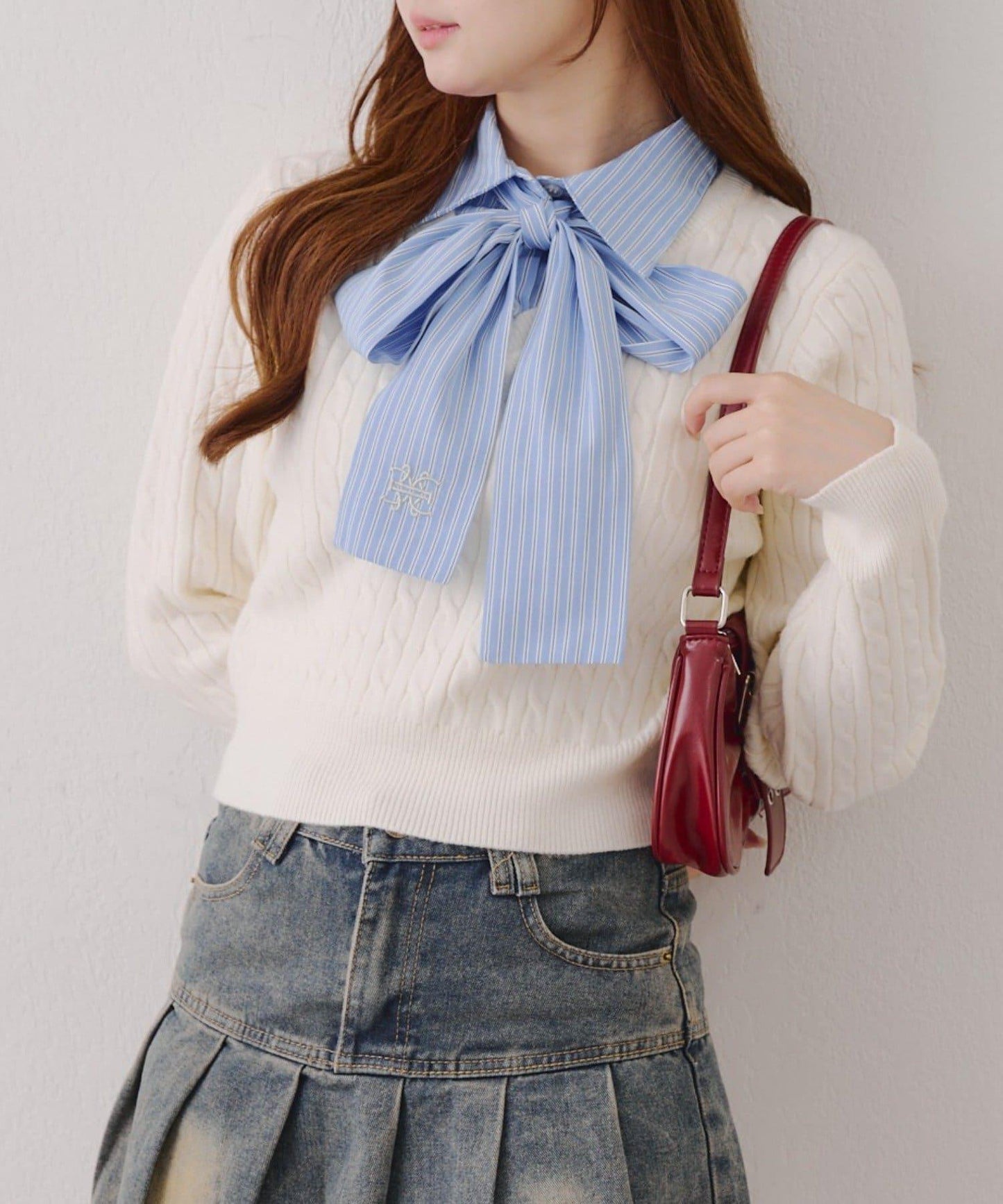 蝴蝶結領繫帶麻花針織套頭衫