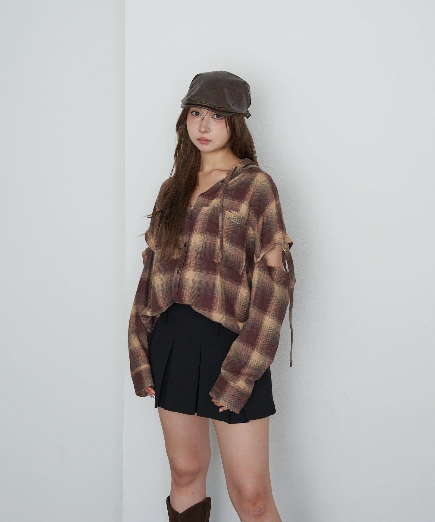 袖開叉連帽格子襯衫
