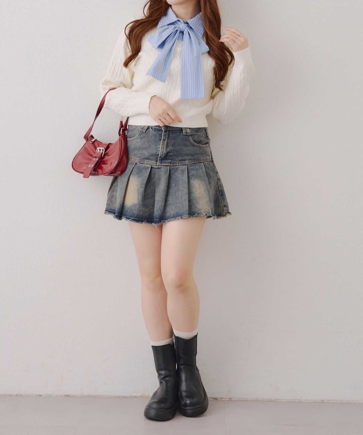 蝴蝶結領繫帶麻花針織套頭衫