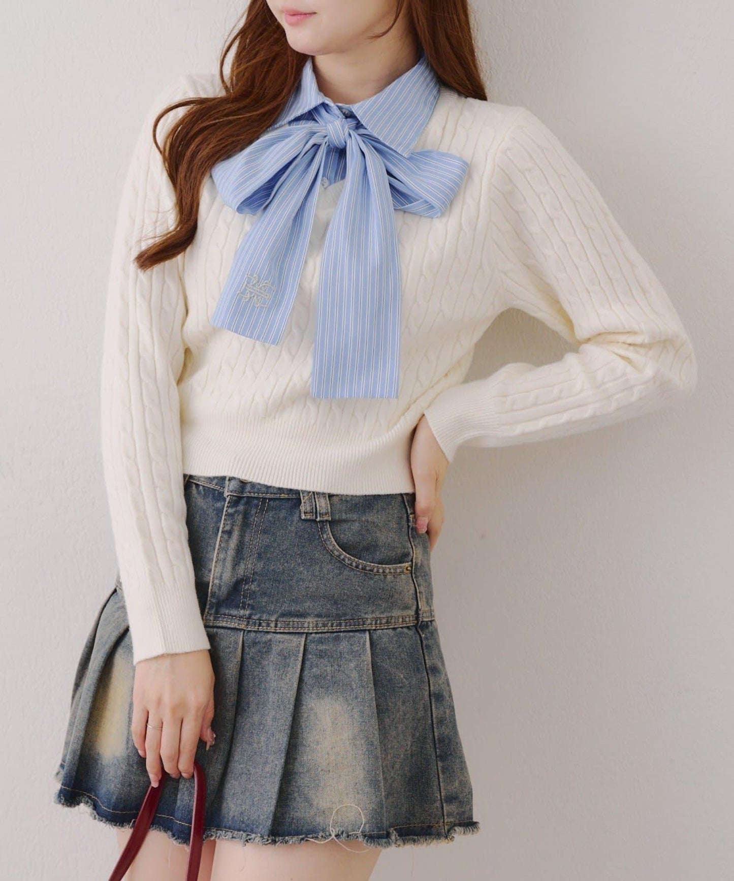 蝴蝶結領繫帶麻花針織套頭衫