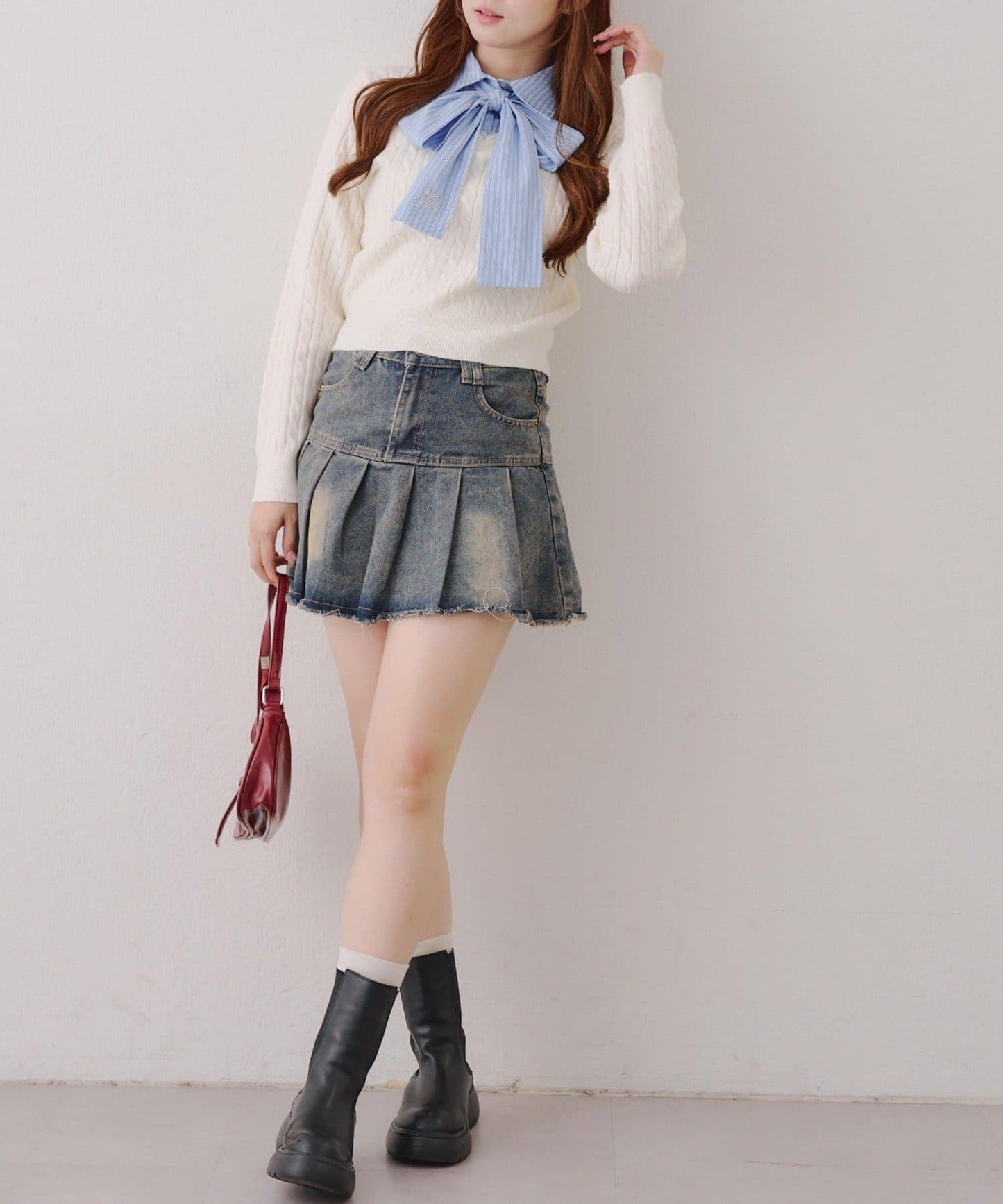 蝴蝶結領繫帶麻花針織套頭衫