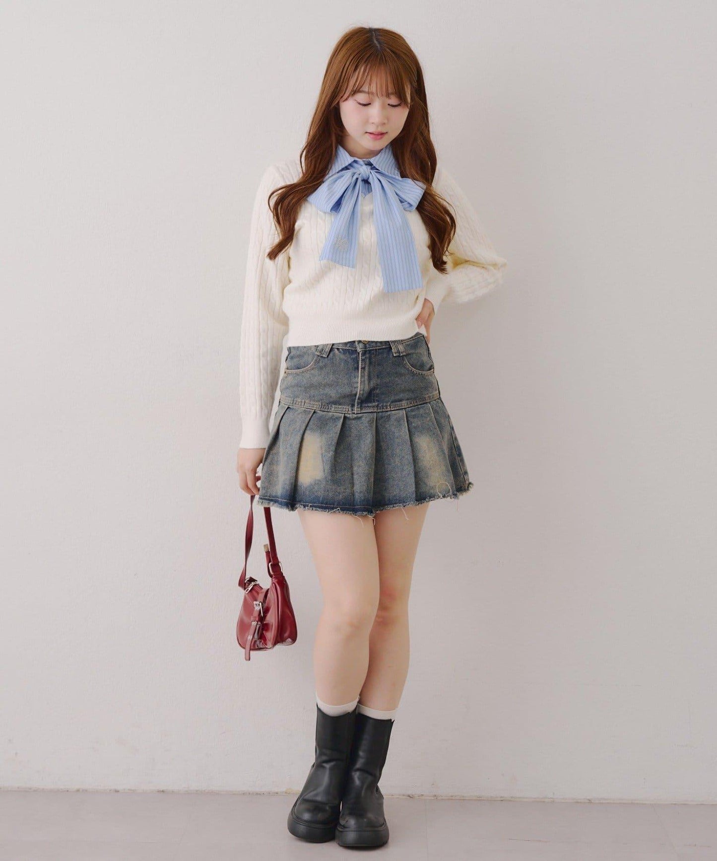 蝴蝶結領繫帶麻花針織套頭衫