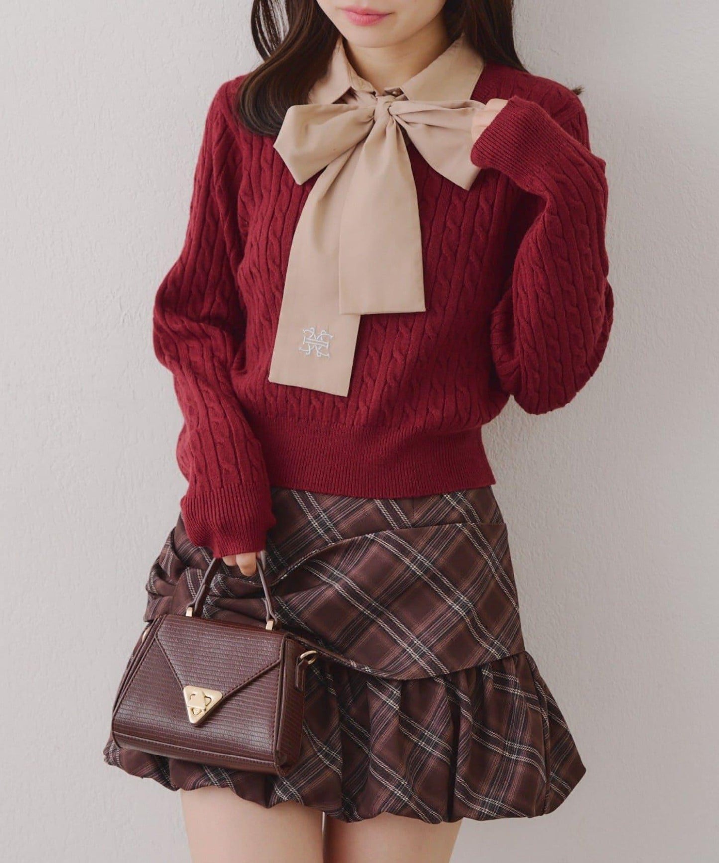 蝴蝶結領繫帶麻花針織套頭衫