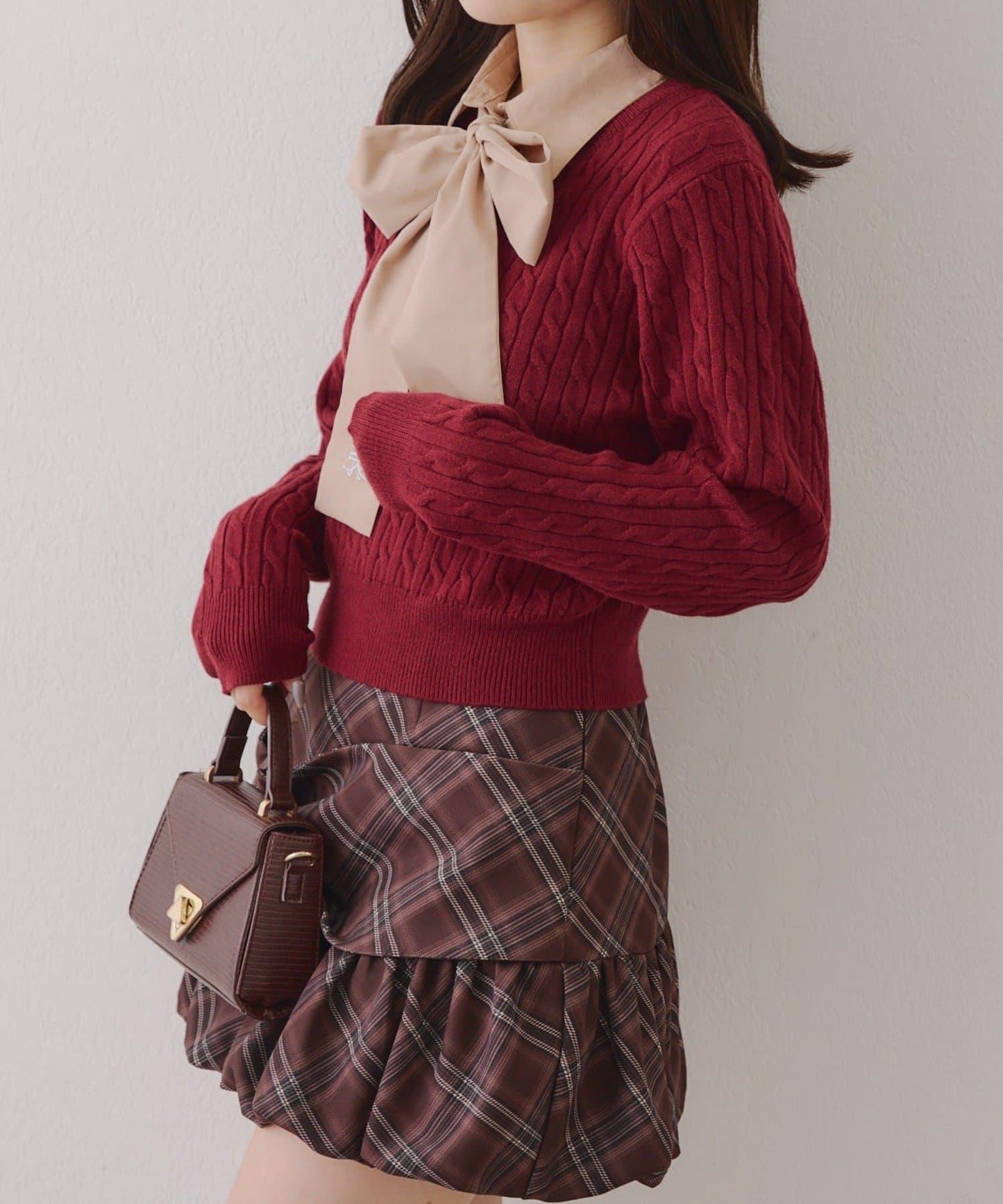 蝴蝶結領繫帶麻花針織套頭衫