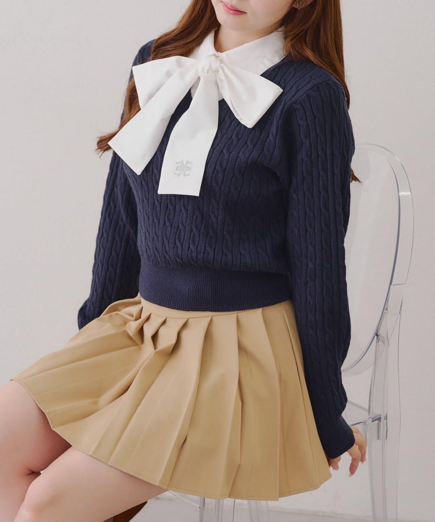 蝴蝶結領繫帶麻花針織套頭衫