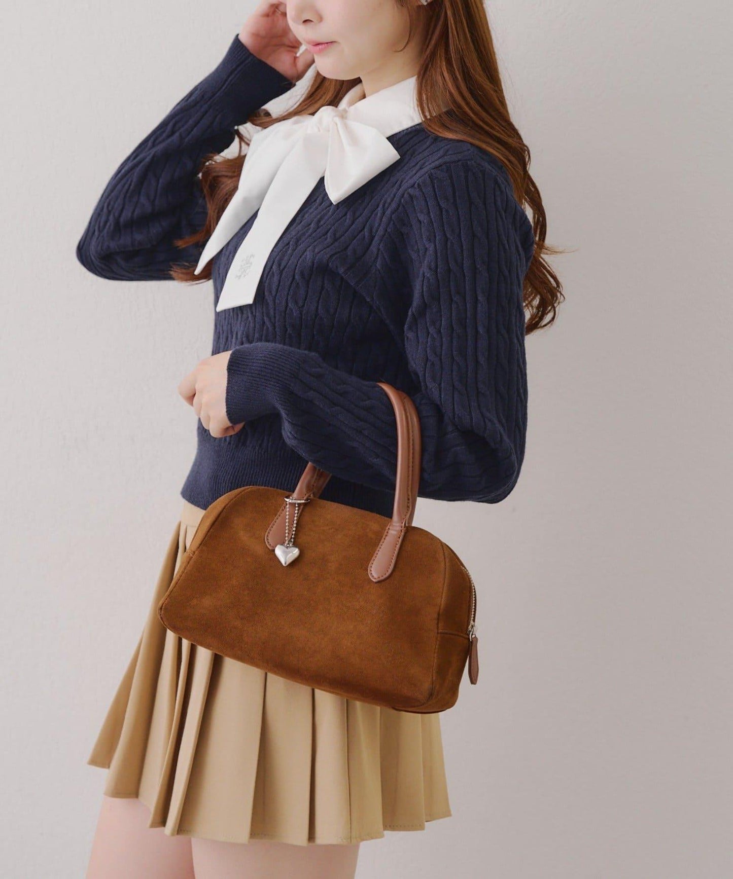 蝴蝶結領繫帶麻花針織套頭衫