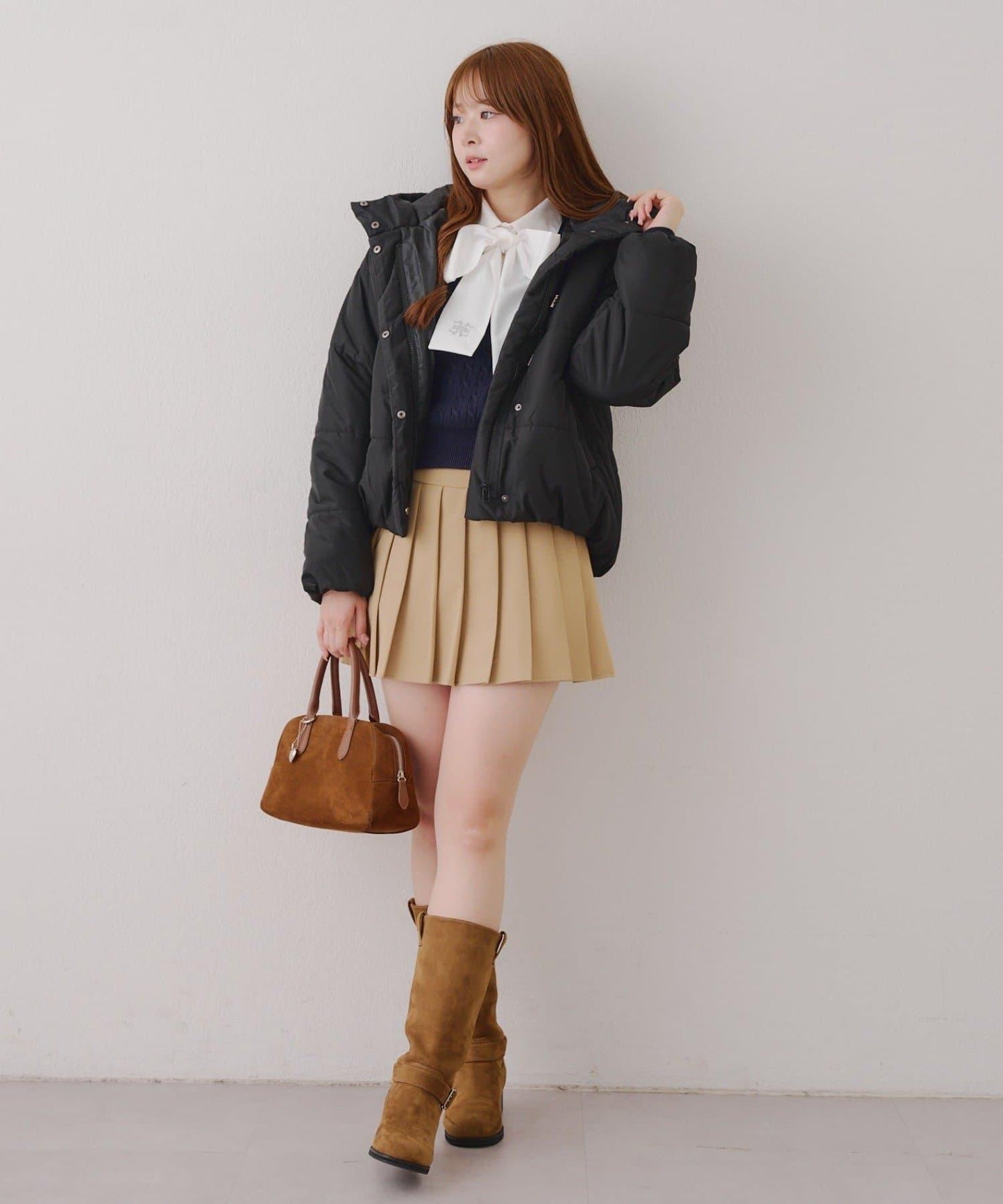 蝴蝶結領繫帶麻花針織套頭衫