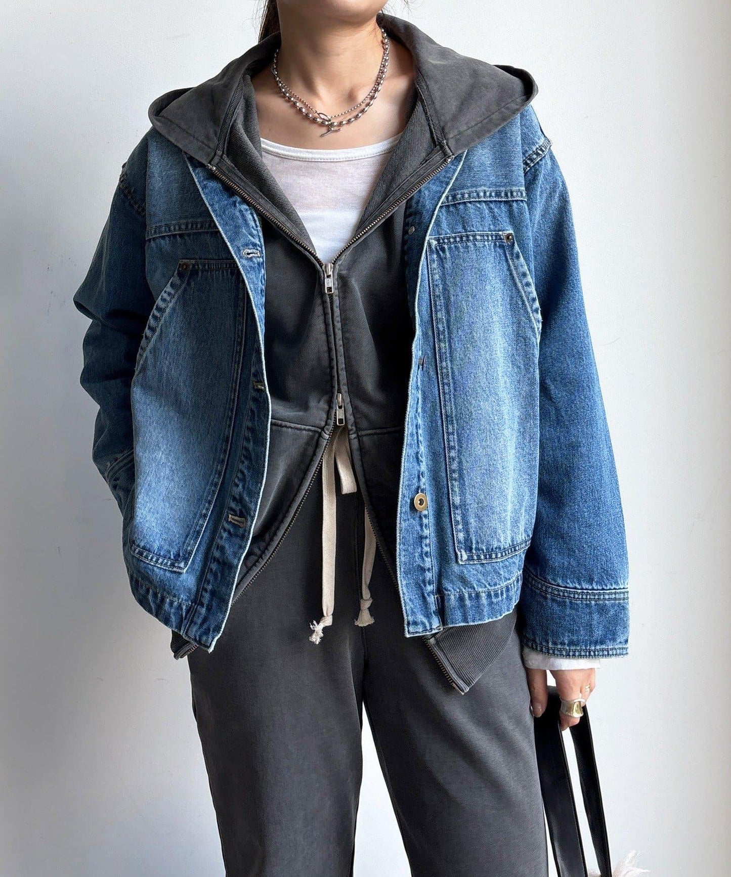 【領子可拆卸!】皮革拼接牛仔夾克