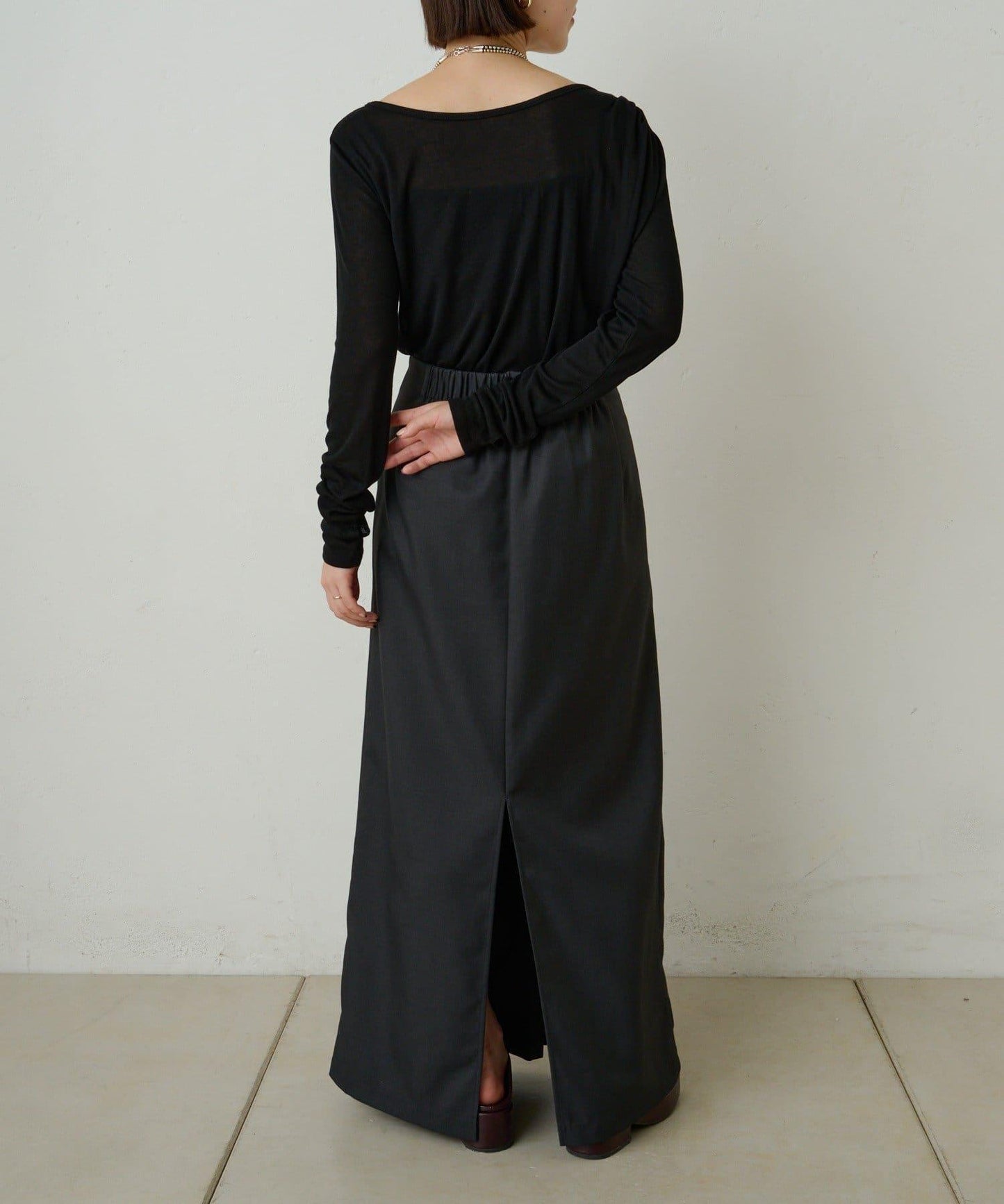 透視羅紋一字肩長袖T恤