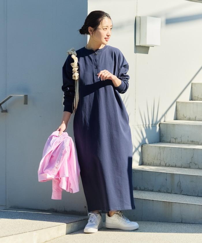 美國棉亨利領長袖連衣裙