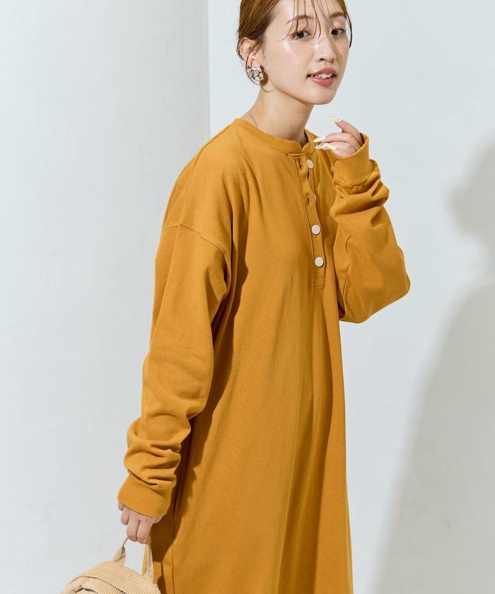 美國棉亨利領長袖連衣裙