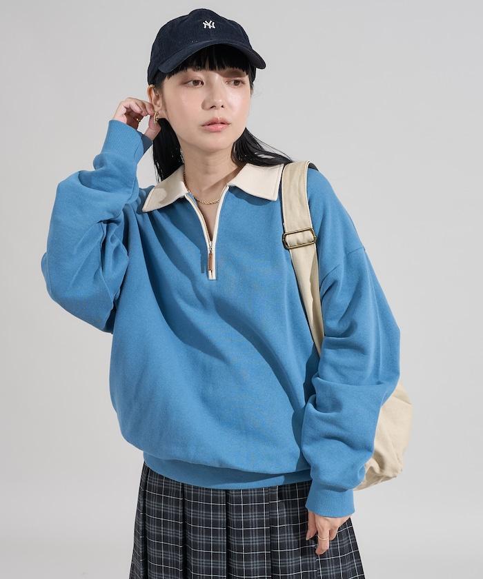 拼色翻領拉鍊衛衣