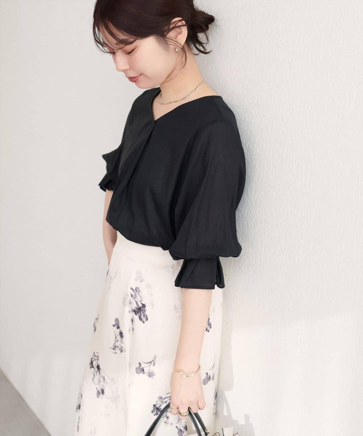 亞麻人造絲褶皺袖襯衫