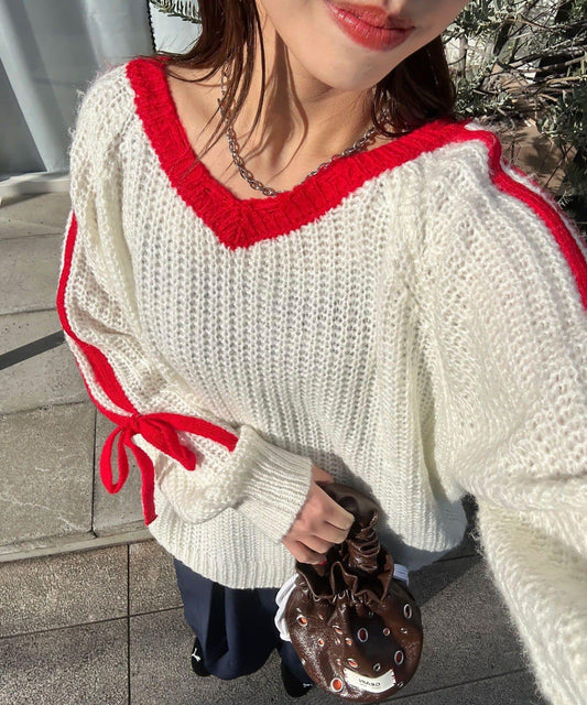 袖部條紋蝴蝶結插肩袖針織衫