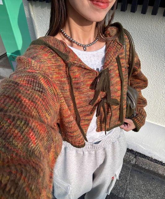 拼色蝴蝶結針織連帽衫