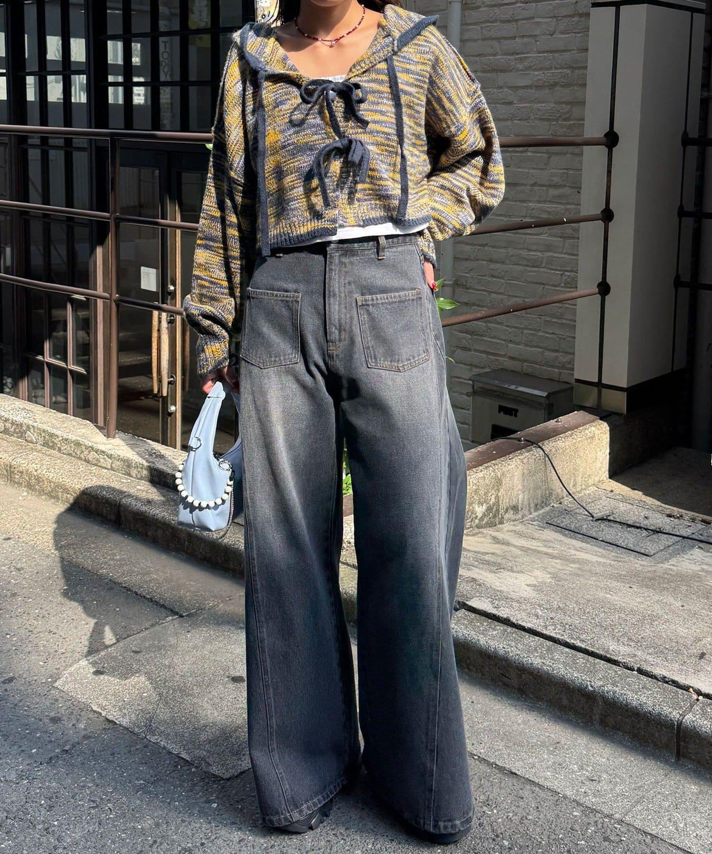 拼色蝴蝶結針織連帽衫
