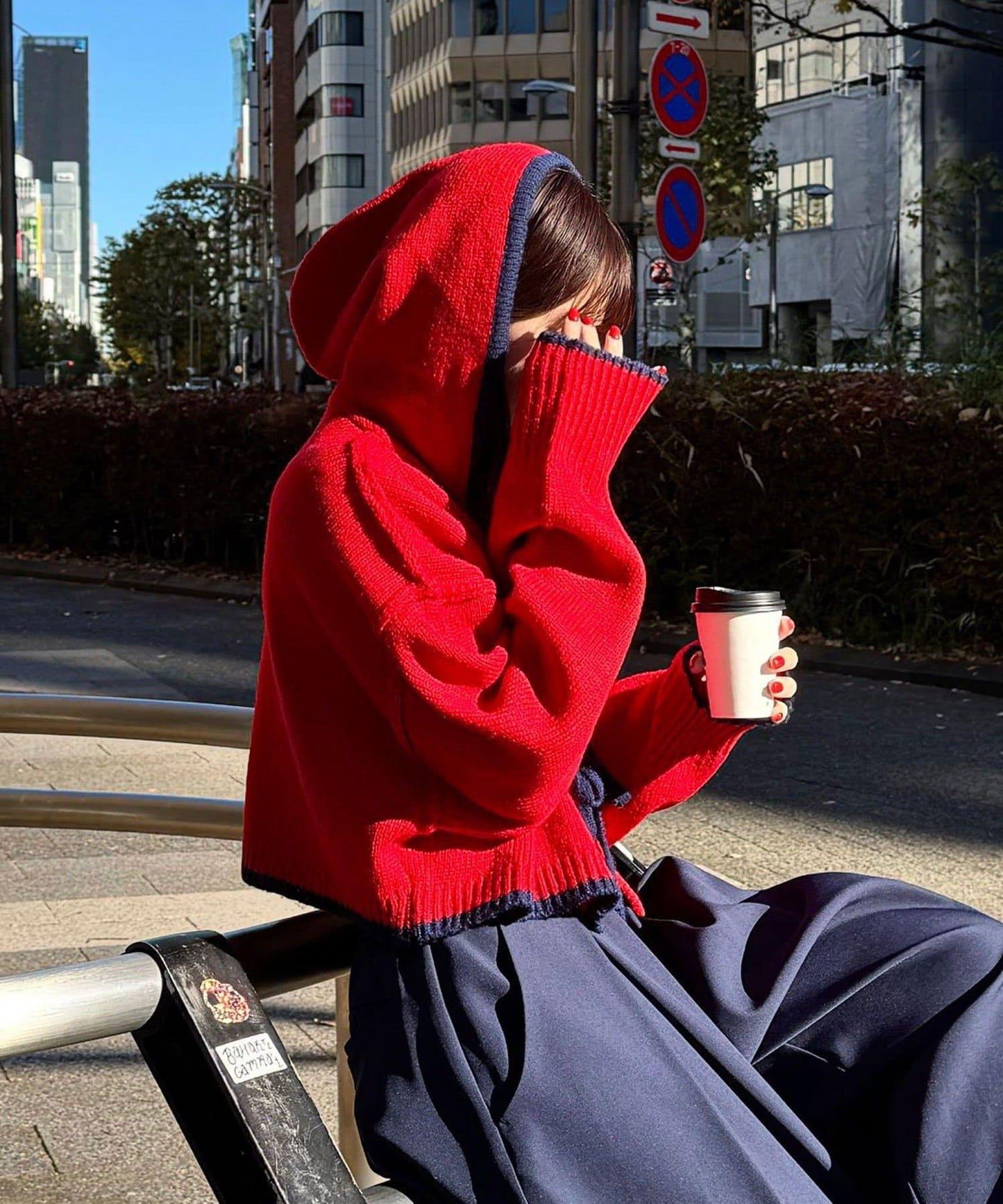 拼色蝴蝶結針織連帽衫