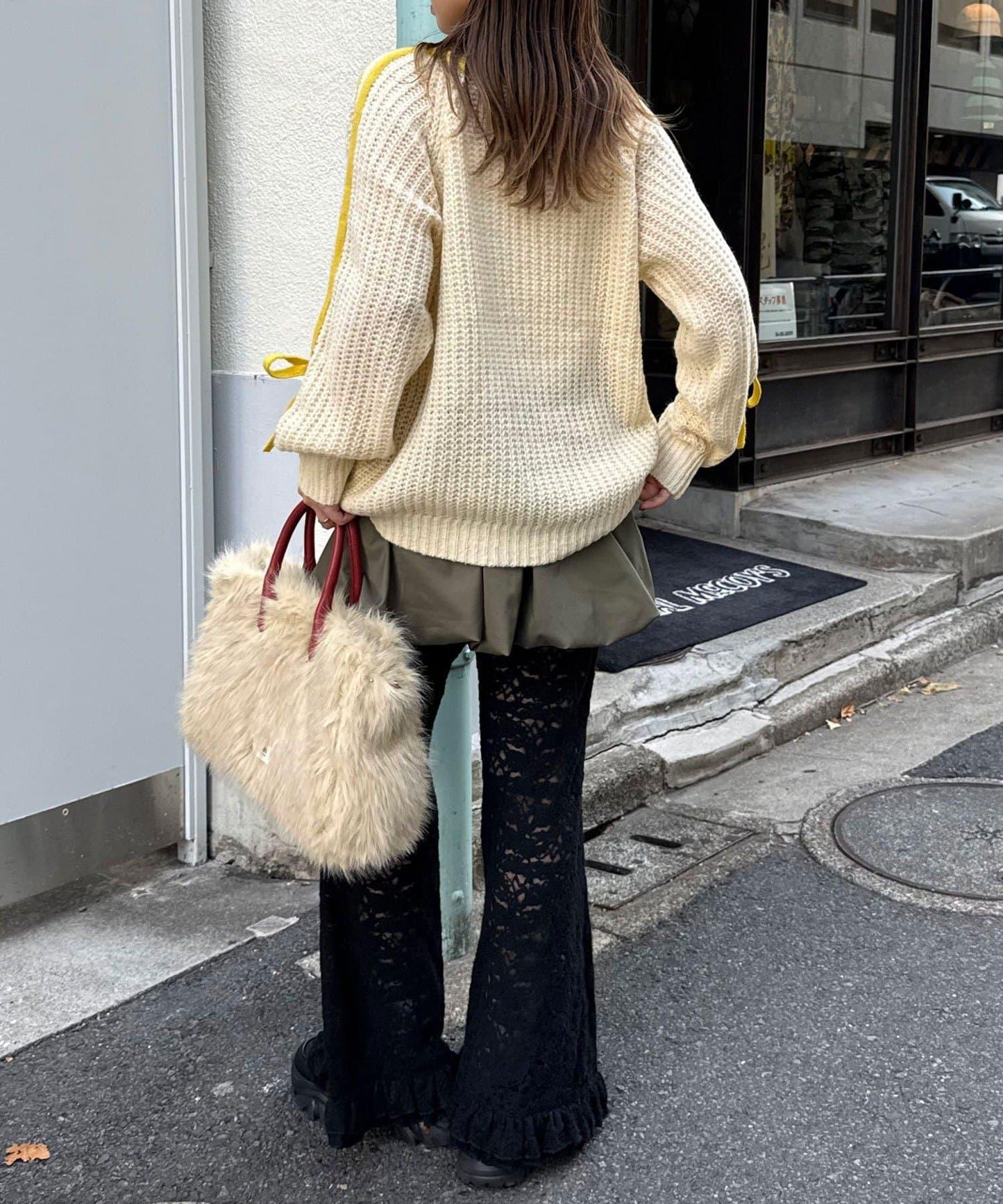 袖部條紋蝴蝶結插肩袖針織衫