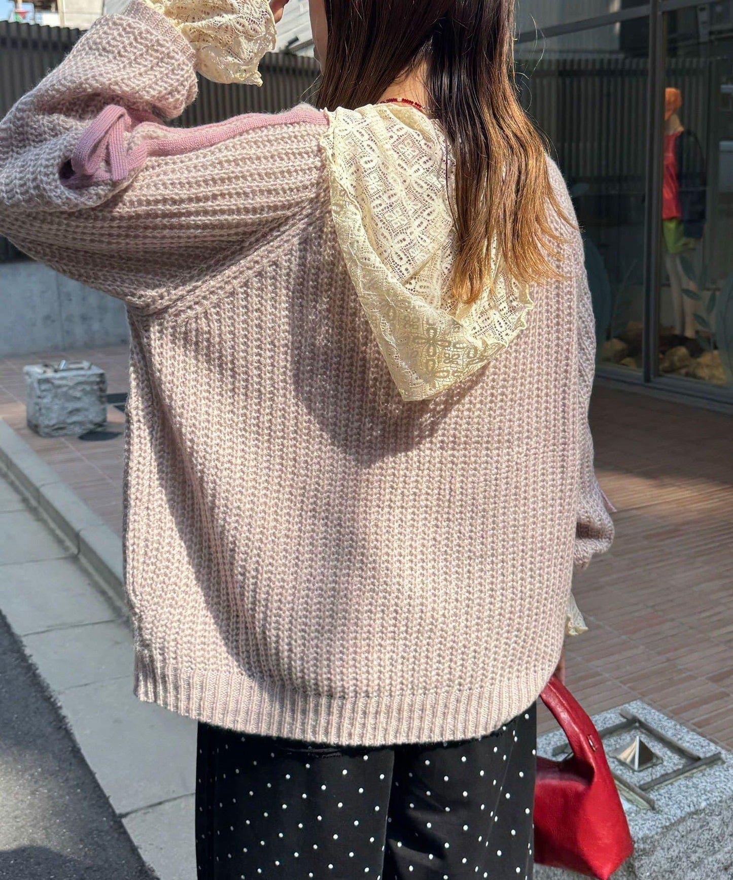 袖部條紋蝴蝶結插肩袖針織衫