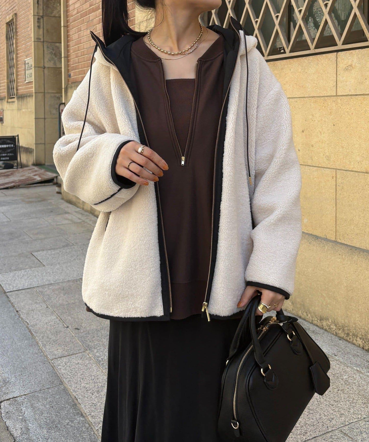 拼色羊羔絨連帽外套