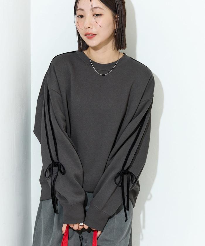 天鵝絨蝴蝶結條紋加絨衛衣套頭衫【限定展售】