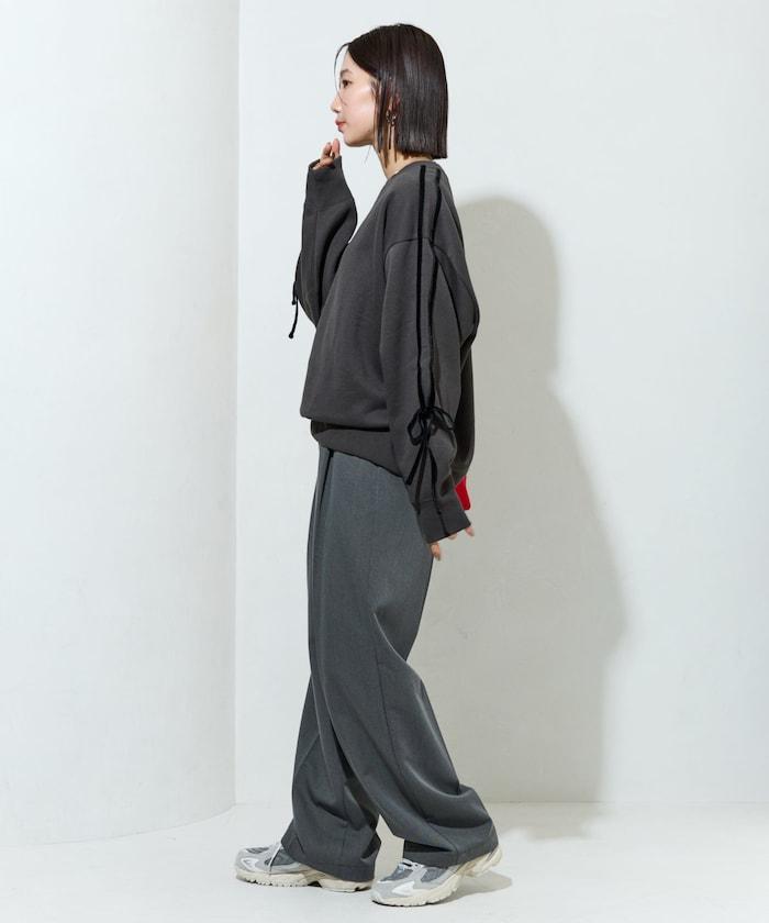 天鵝絨蝴蝶結條紋加絨衛衣套頭衫【限定展售】