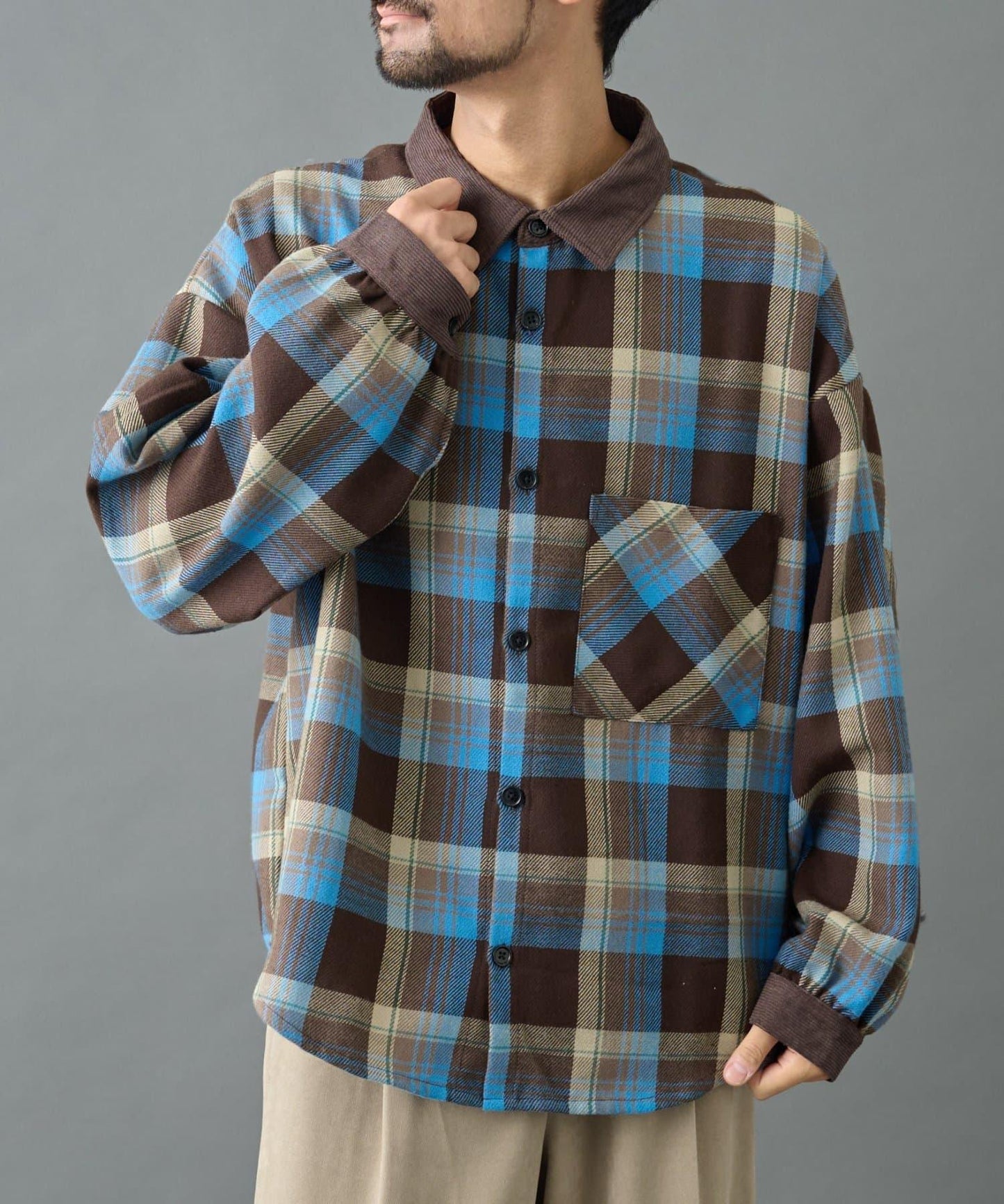 先染格子袖部褶皺寬鬆襯衫