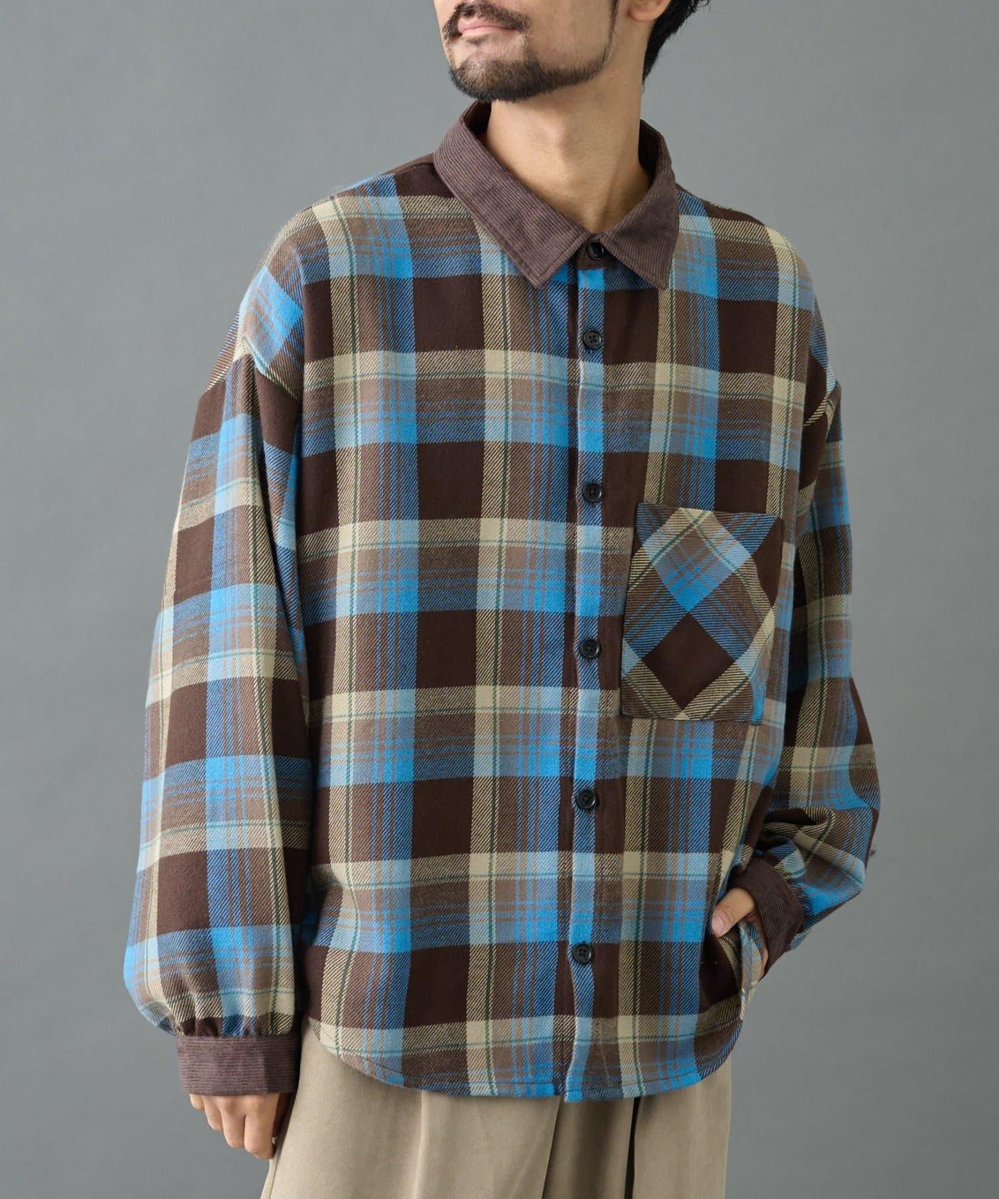 先染格子袖部褶皺寬鬆襯衫