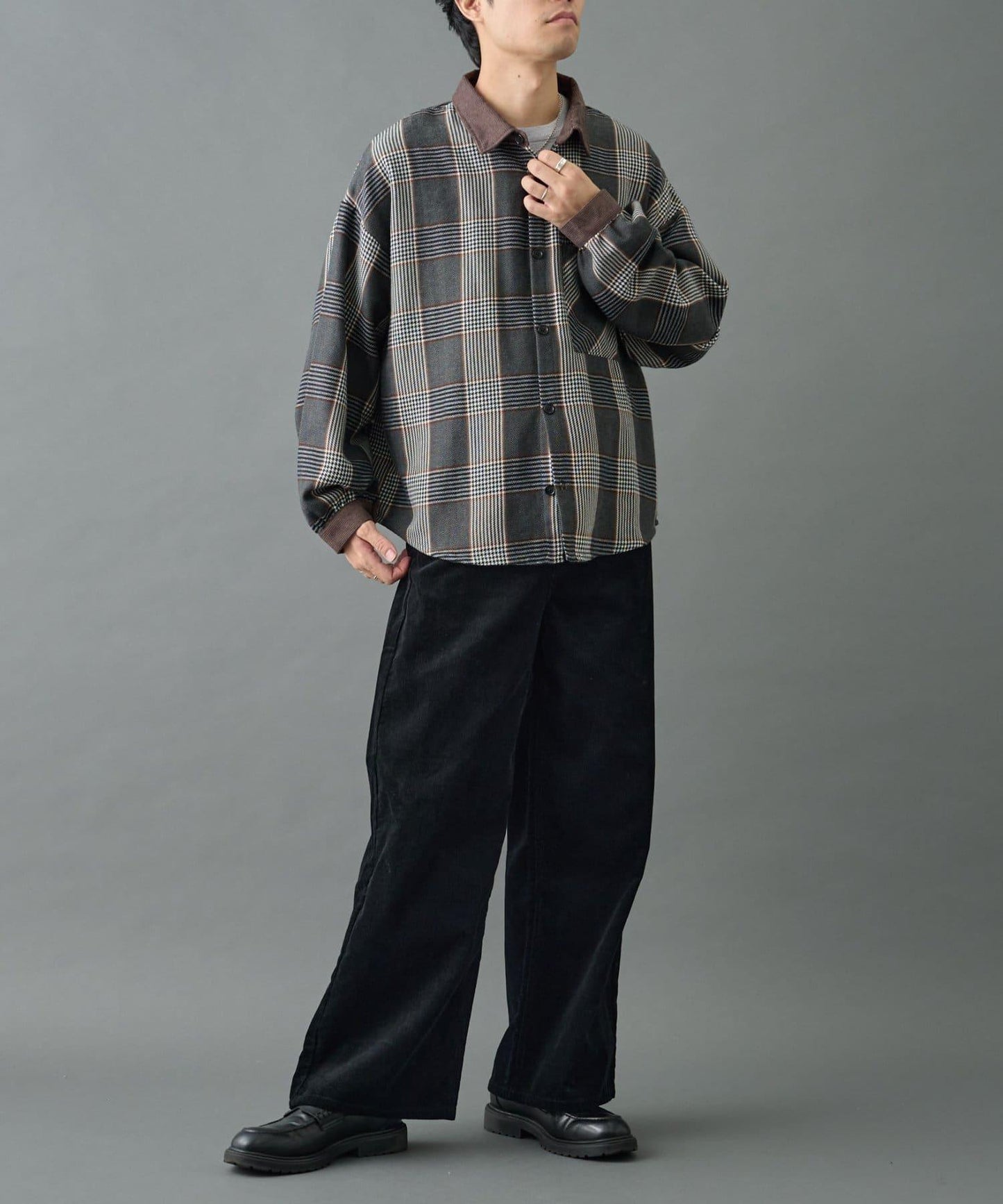 先染格子袖部褶皺寬鬆襯衫