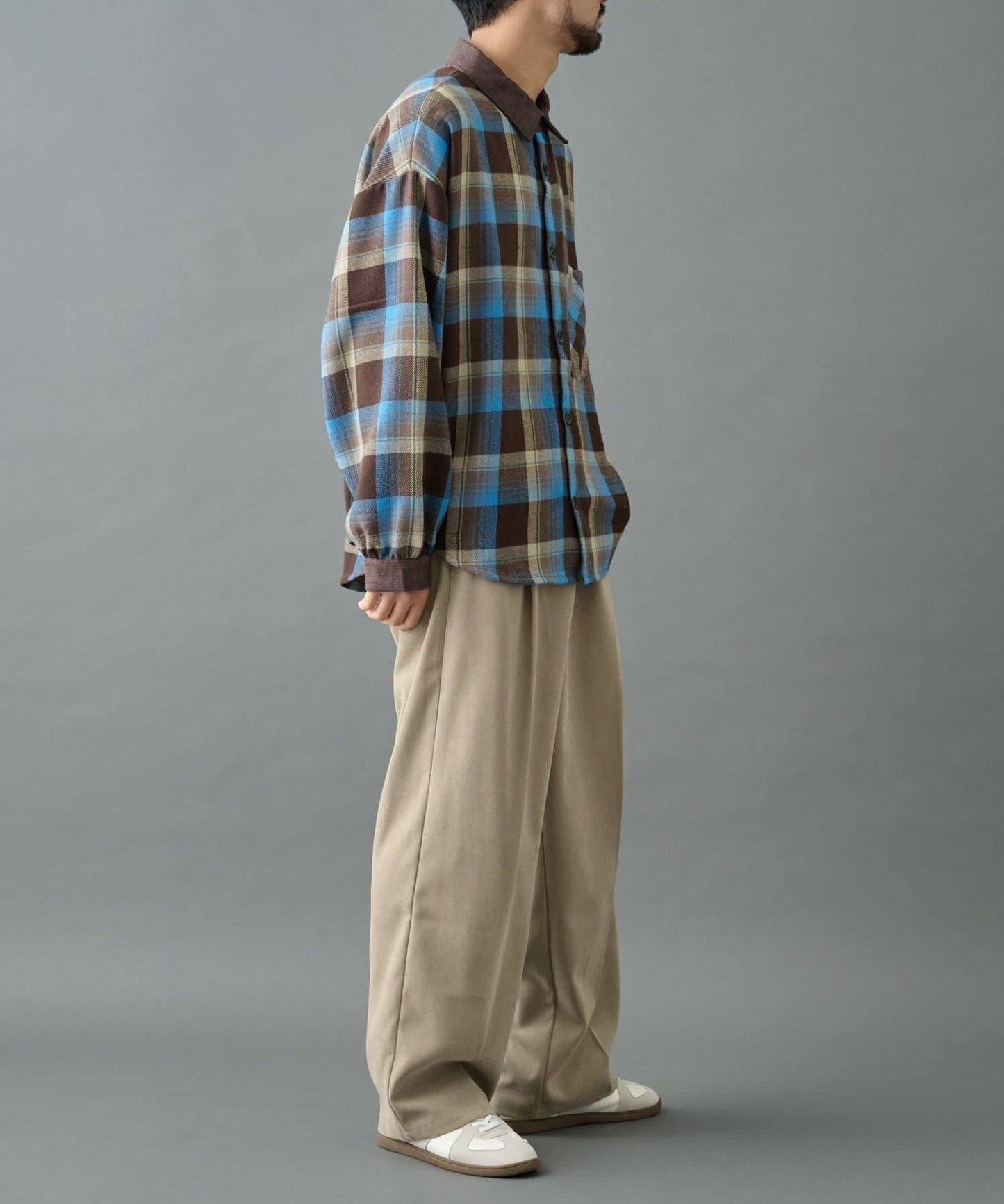 先染格子袖部褶皺寬鬆襯衫