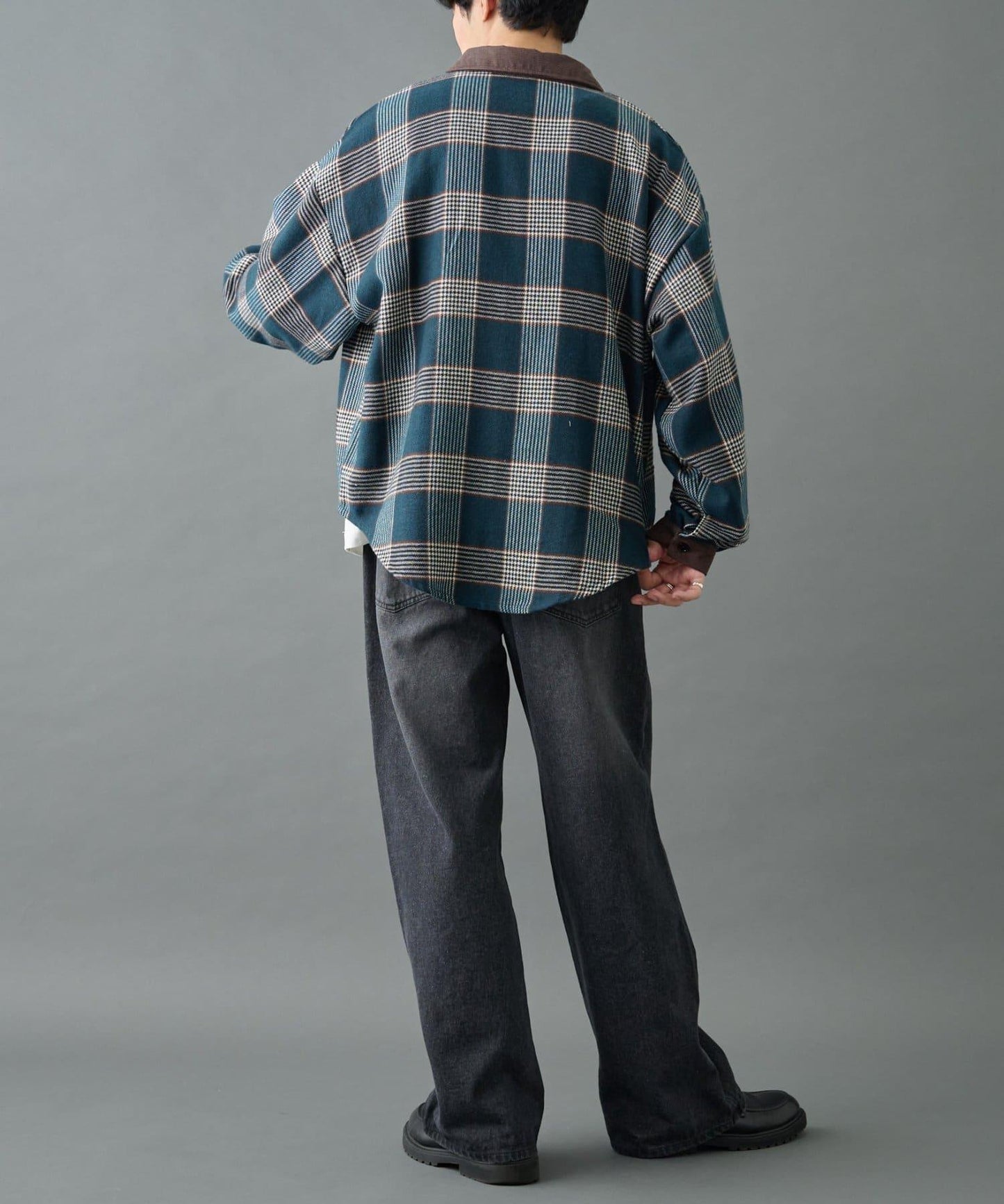 先染格子袖部褶皺寬鬆襯衫