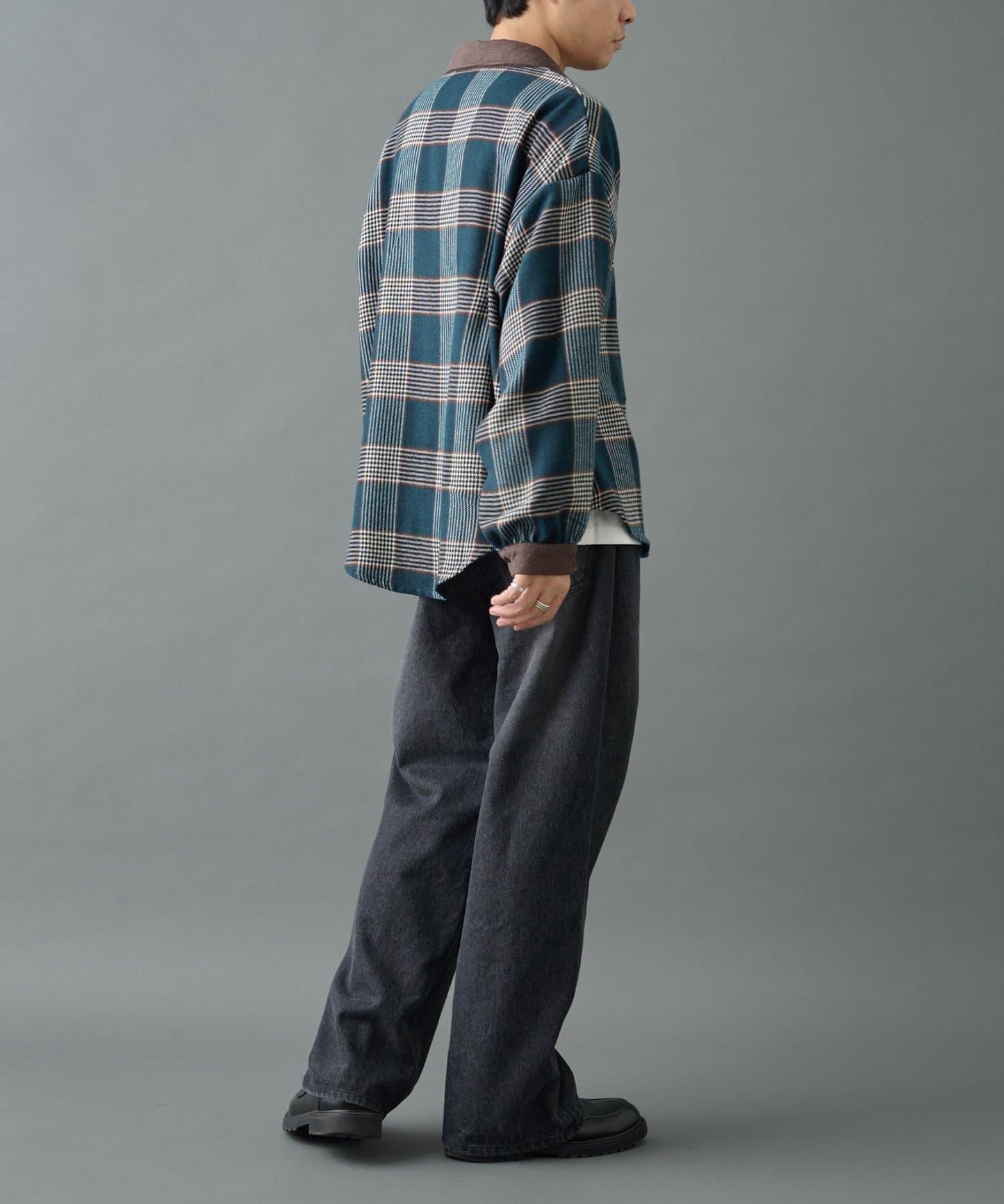 先染格子袖部褶皺寬鬆襯衫