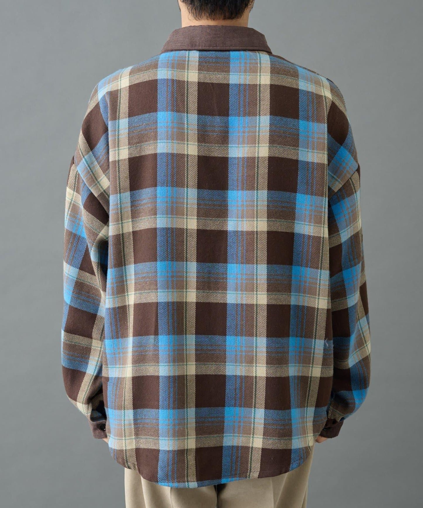 先染格子袖部褶皺寬鬆襯衫