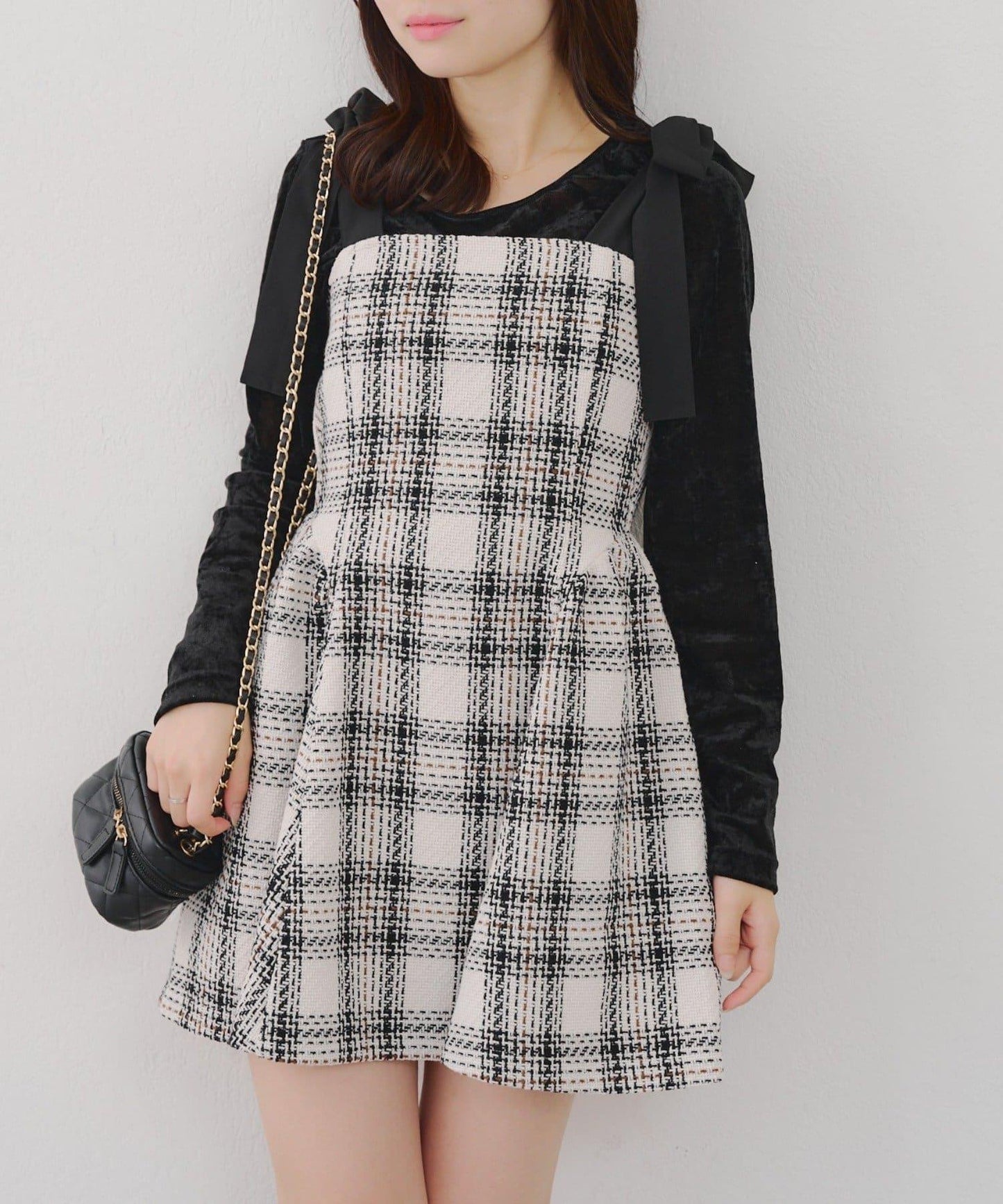 【Tweed Collection】肩帶蝴蝶結呢料迷你連衣裙