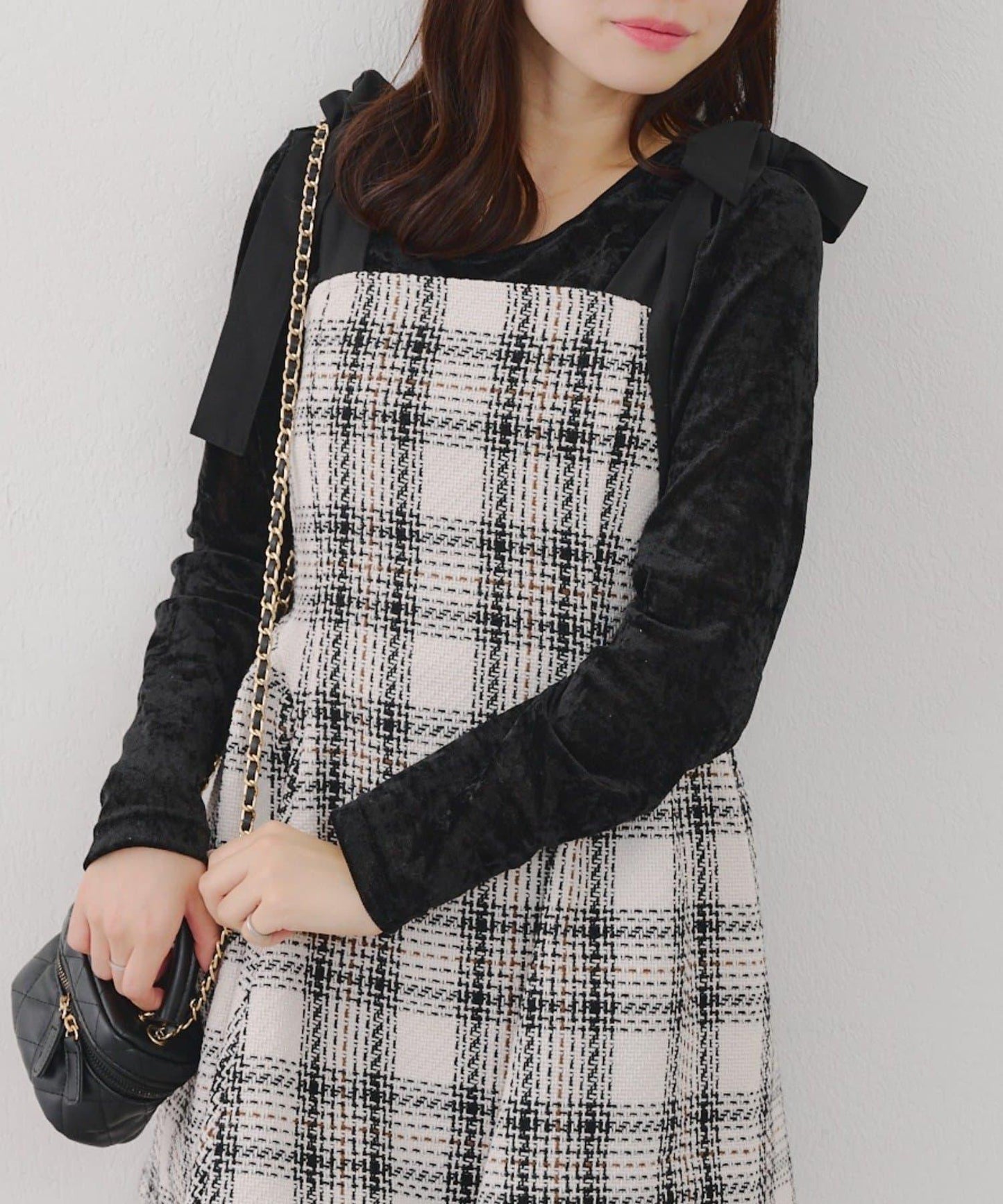 【Tweed Collection】肩帶蝴蝶結呢料迷你連衣裙