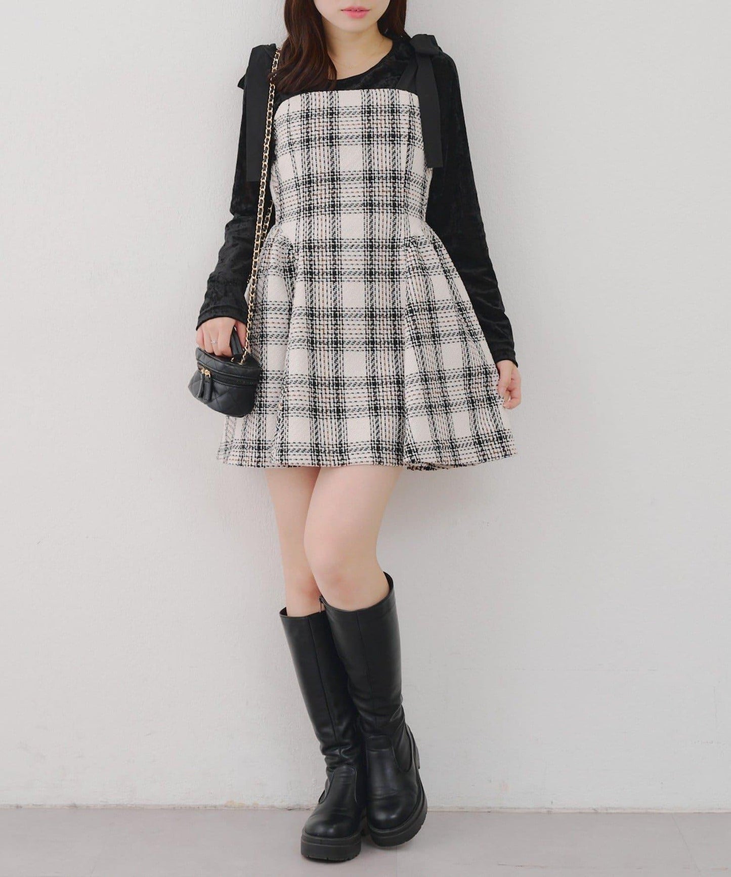 【Tweed Collection】肩帶蝴蝶結呢料迷你連衣裙