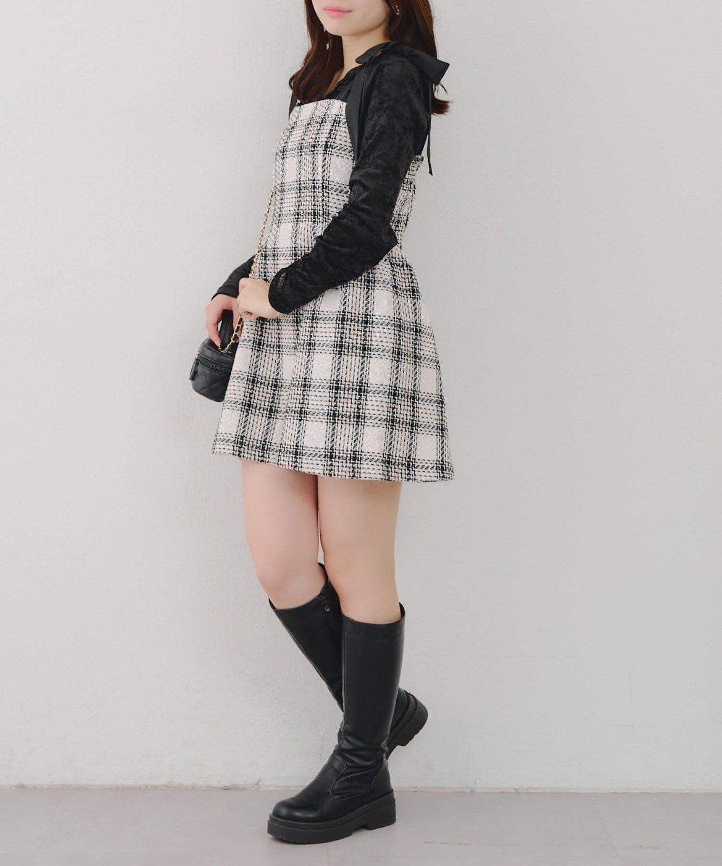 【Tweed Collection】肩帶蝴蝶結呢料迷你連衣裙