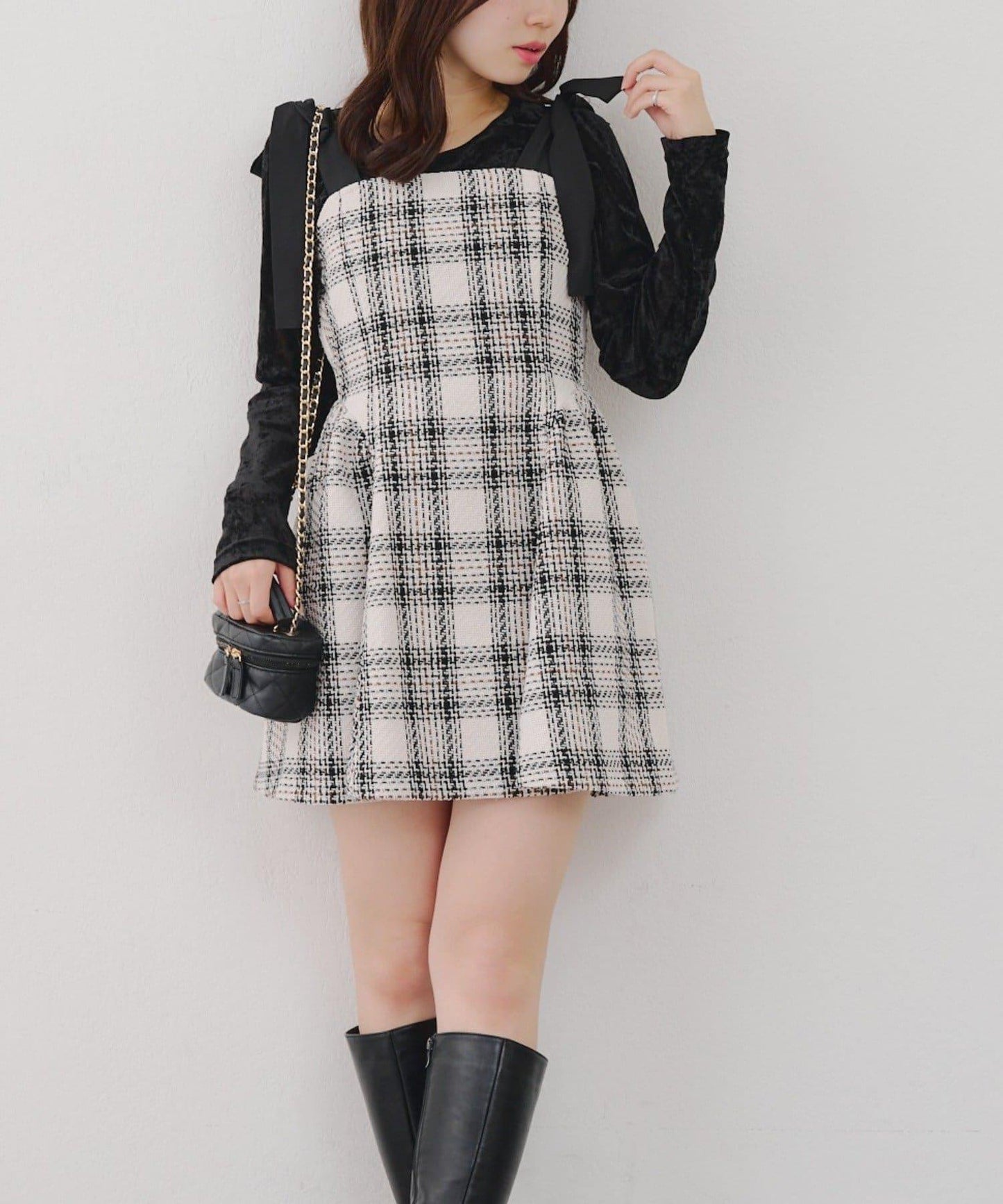 【Tweed Collection】肩帶蝴蝶結呢料迷你連衣裙