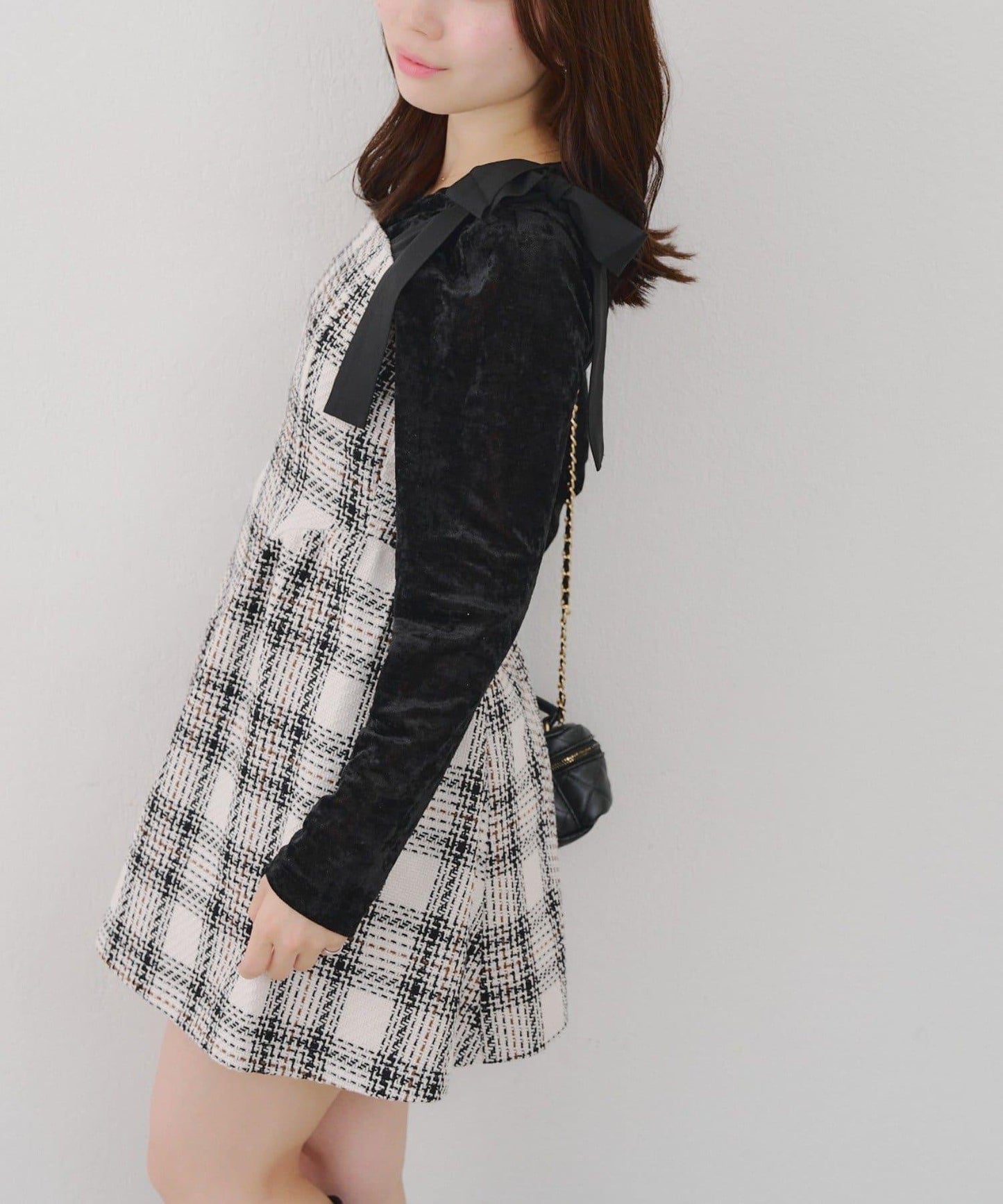 【Tweed Collection】肩帶蝴蝶結呢料迷你連衣裙