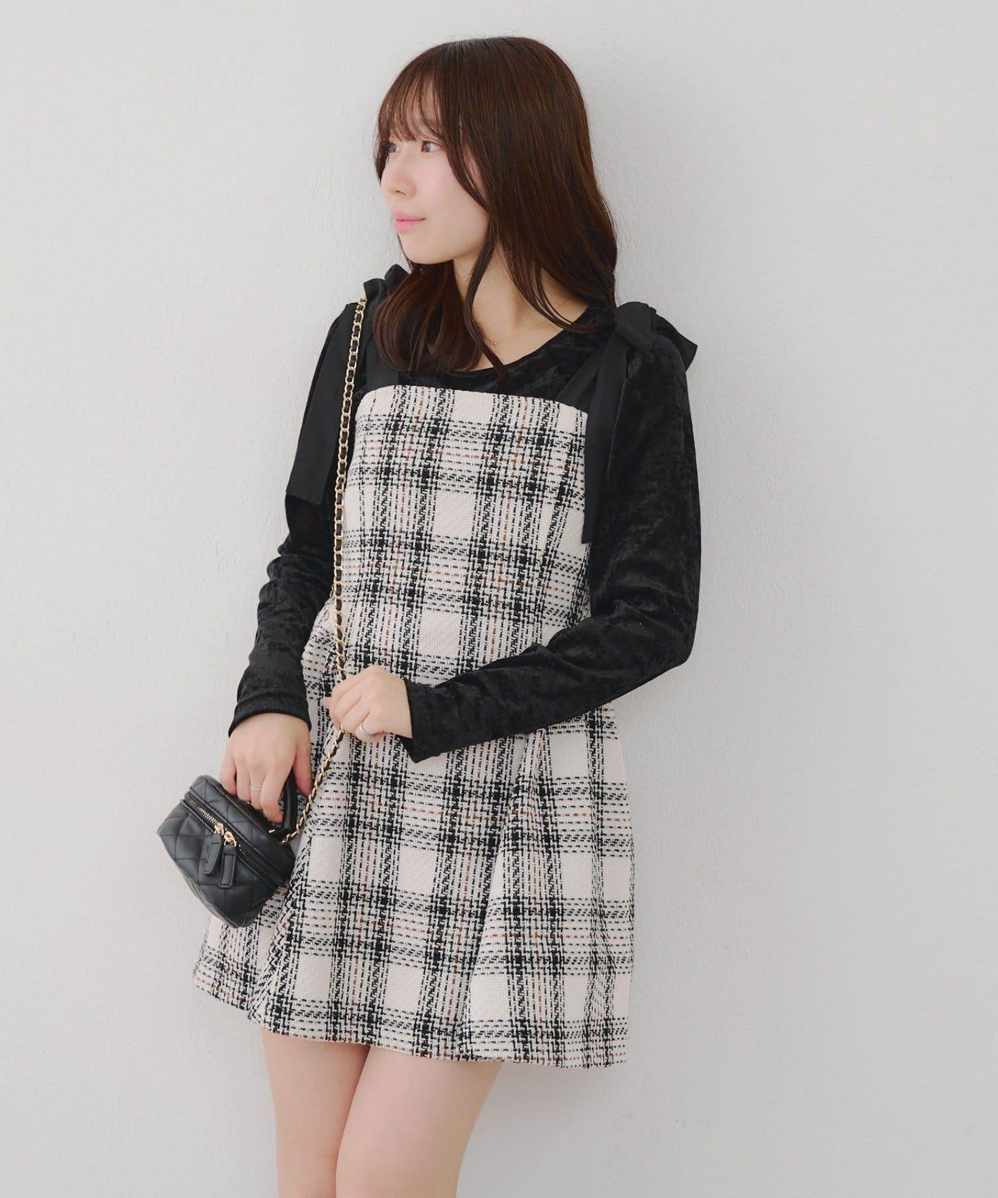 【Tweed Collection】肩帶蝴蝶結呢料迷你連衣裙