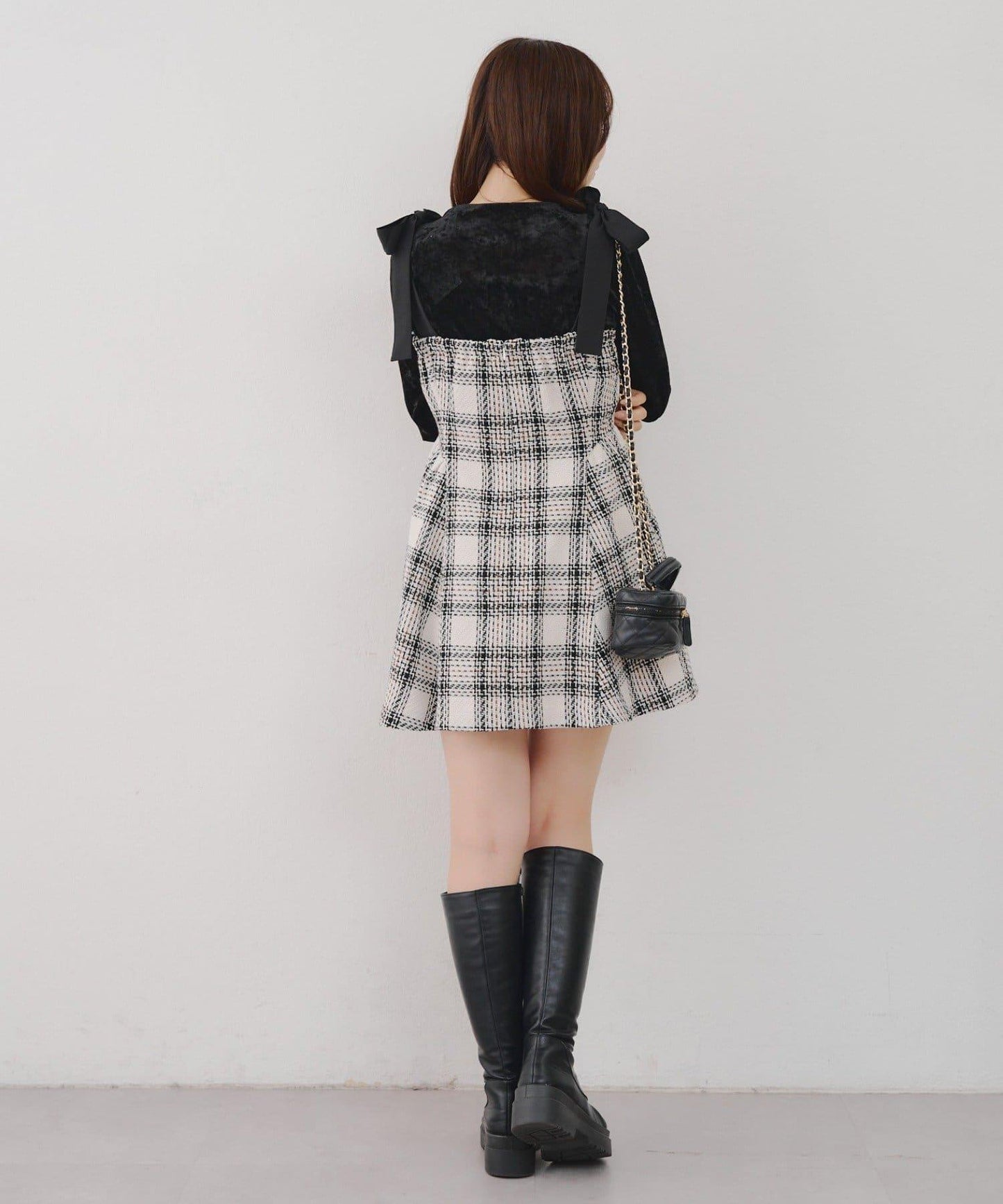 【Tweed Collection】肩帶蝴蝶結呢料迷你連衣裙