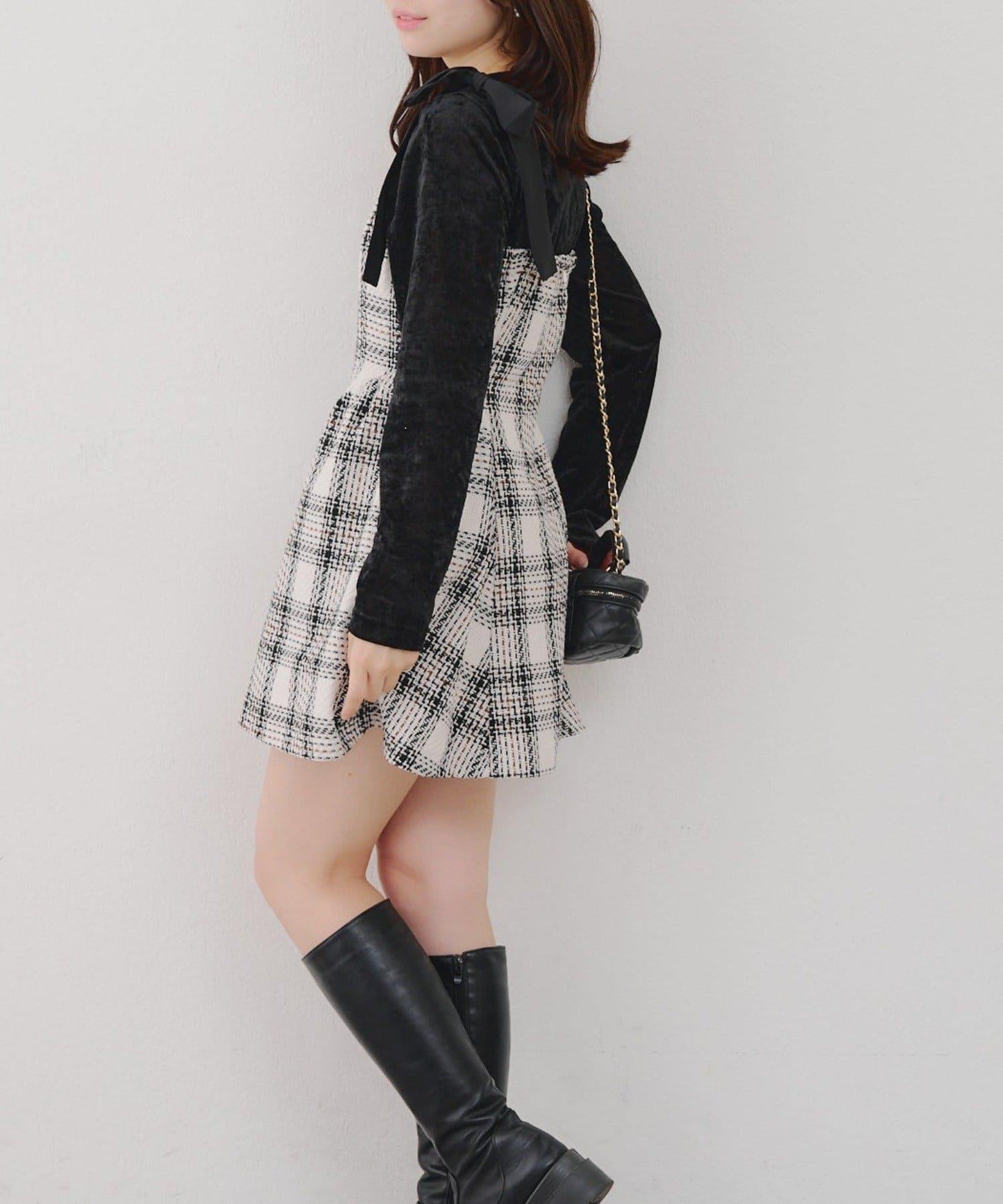 【Tweed Collection】肩帶蝴蝶結呢料迷你連衣裙