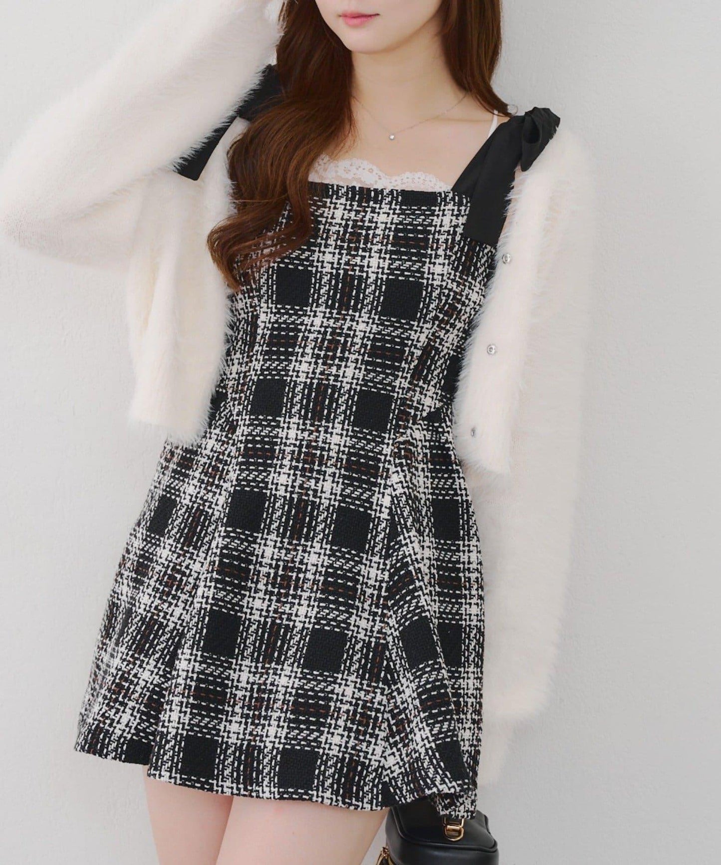 【Tweed Collection】肩帶蝴蝶結呢料迷你連衣裙