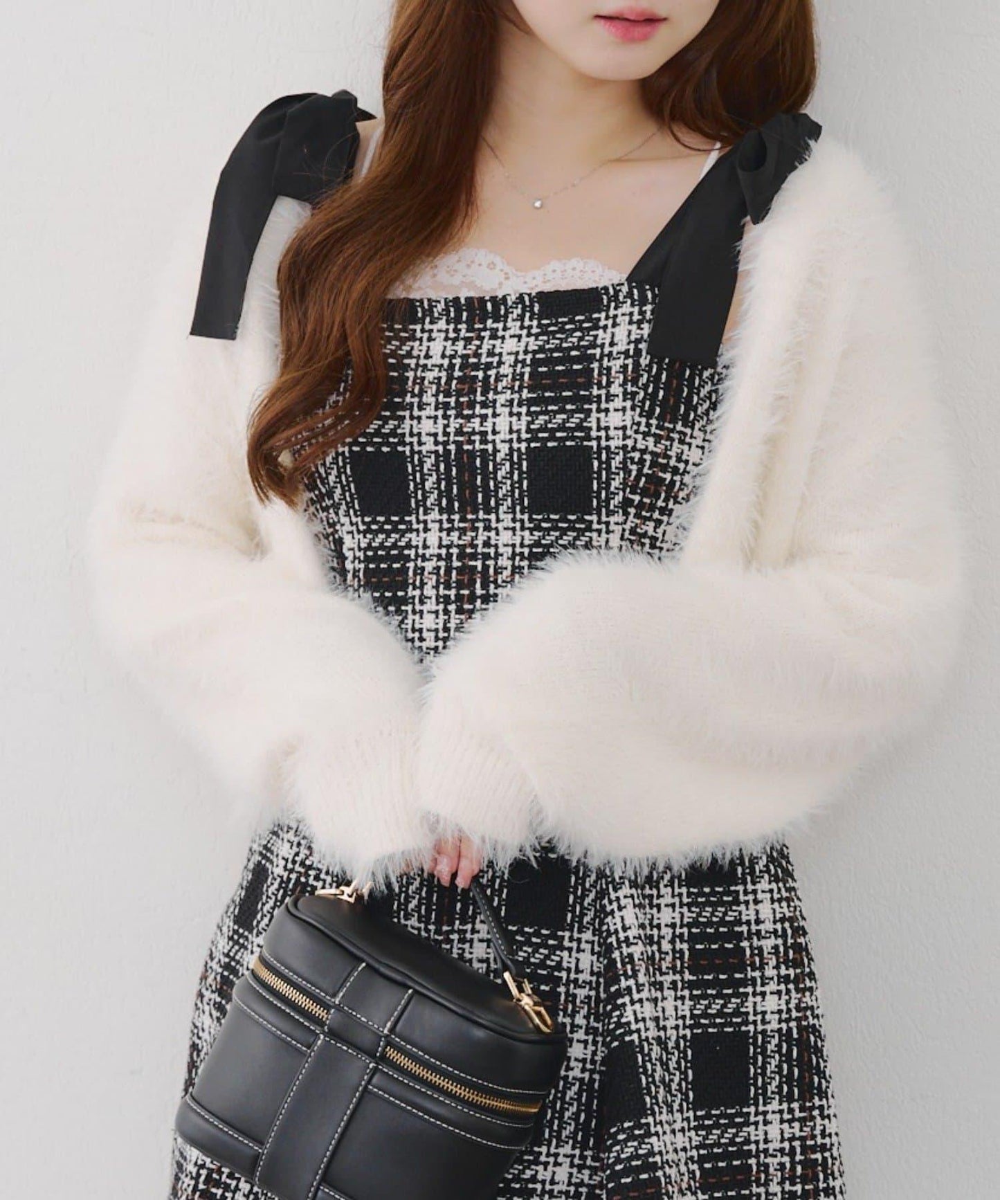 【Tweed Collection】肩帶蝴蝶結呢料迷你連衣裙