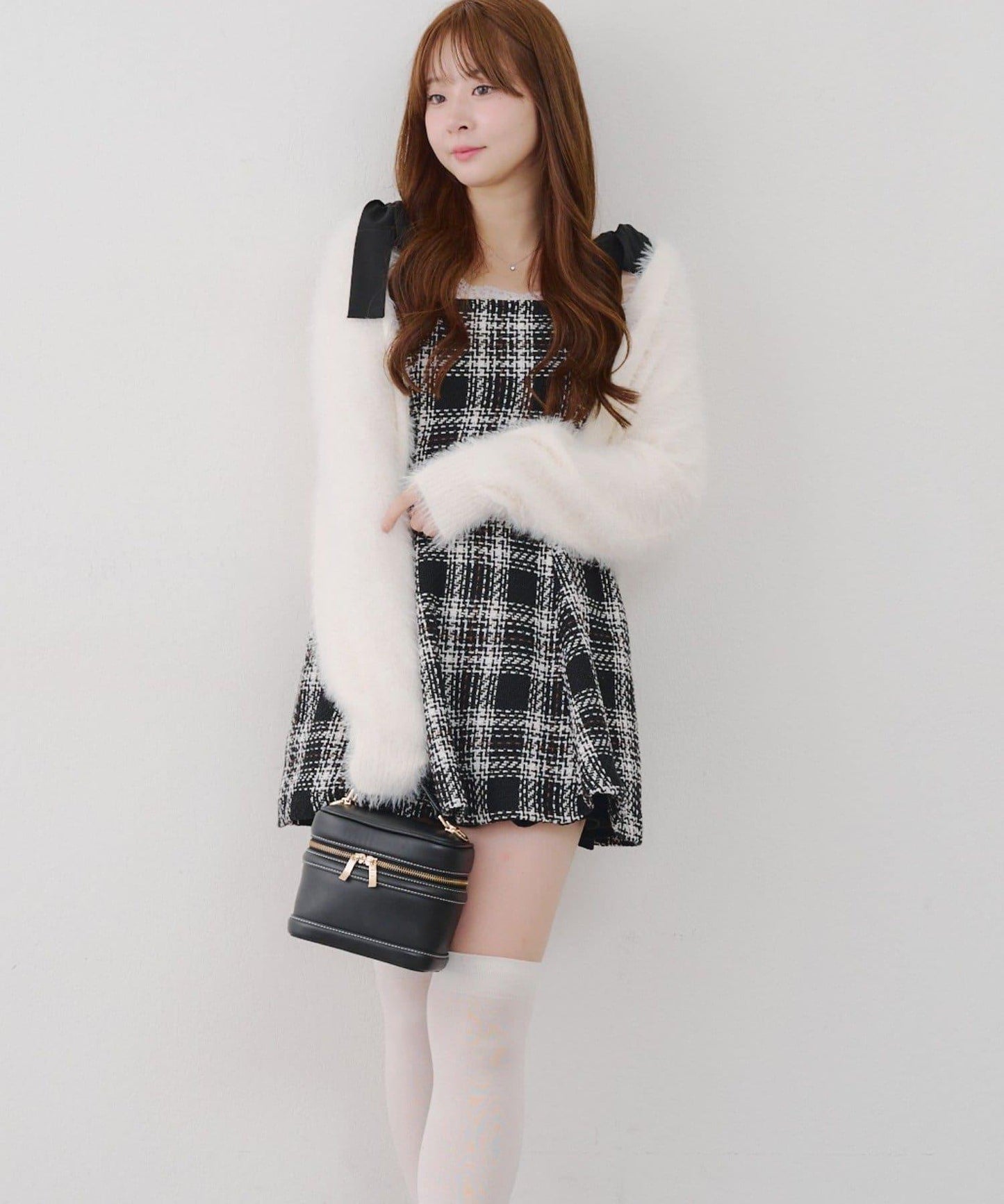 【Tweed Collection】肩帶蝴蝶結呢料迷你連衣裙
