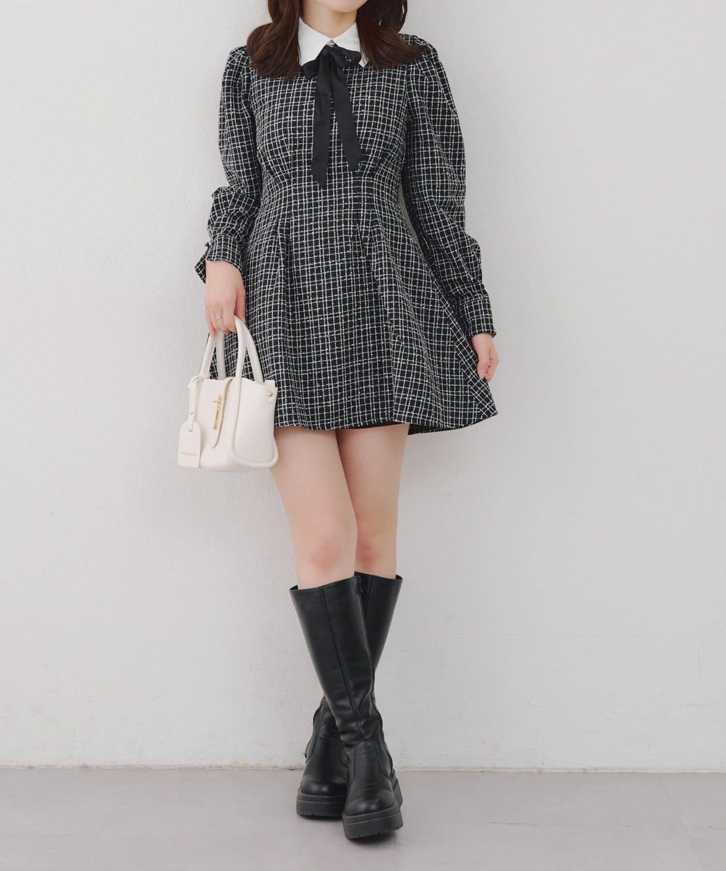 【Tweed Collection】拼色領口粗花呢迷你連衣裙