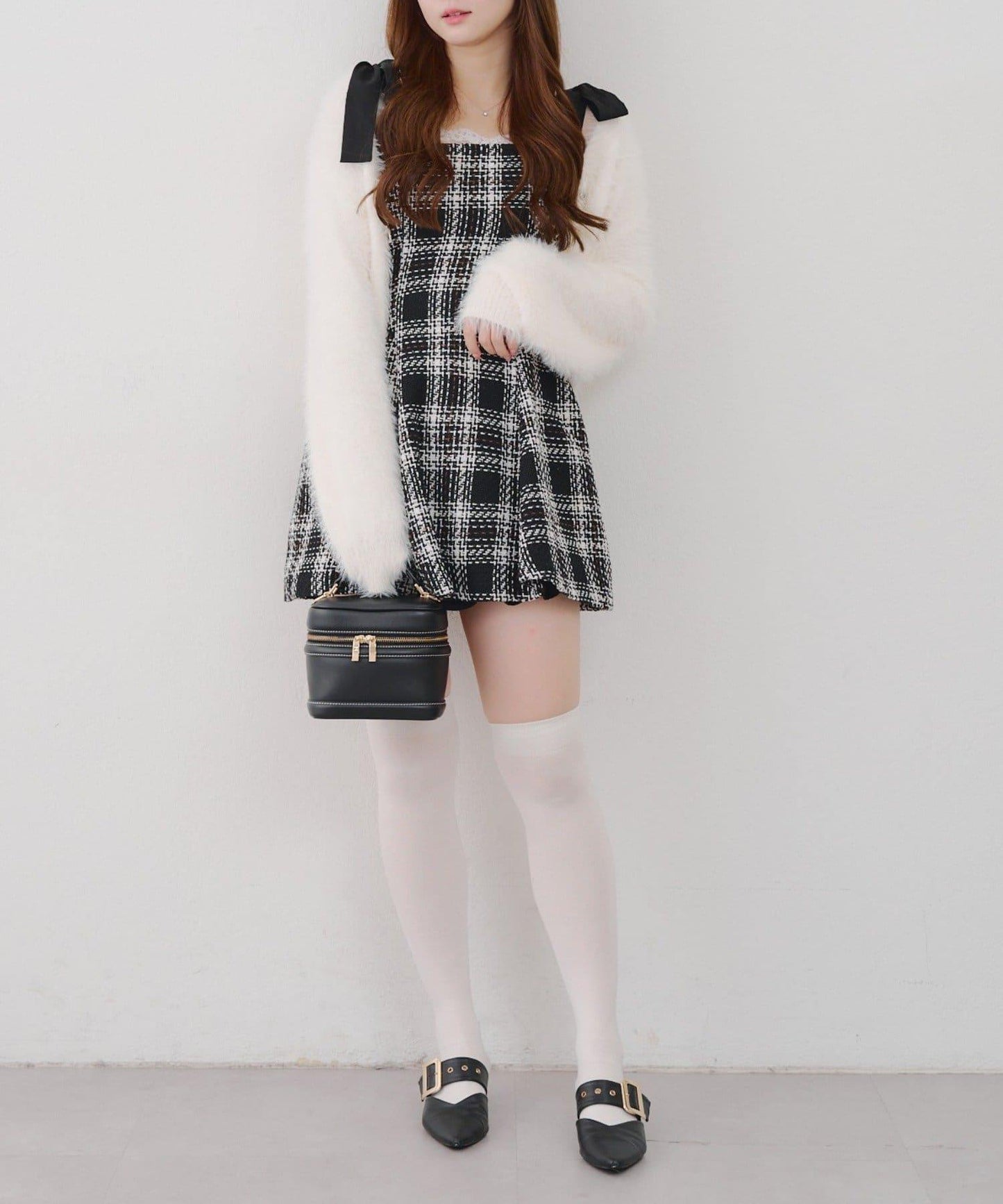 【Tweed Collection】肩帶蝴蝶結呢料迷你連衣裙