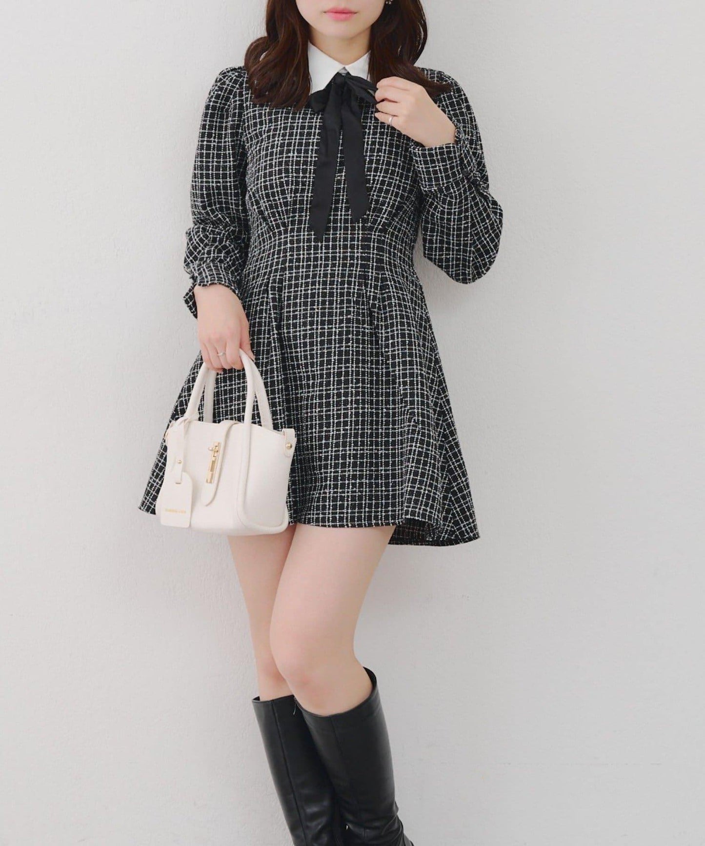 【Tweed Collection】拼色領口粗花呢迷你連衣裙